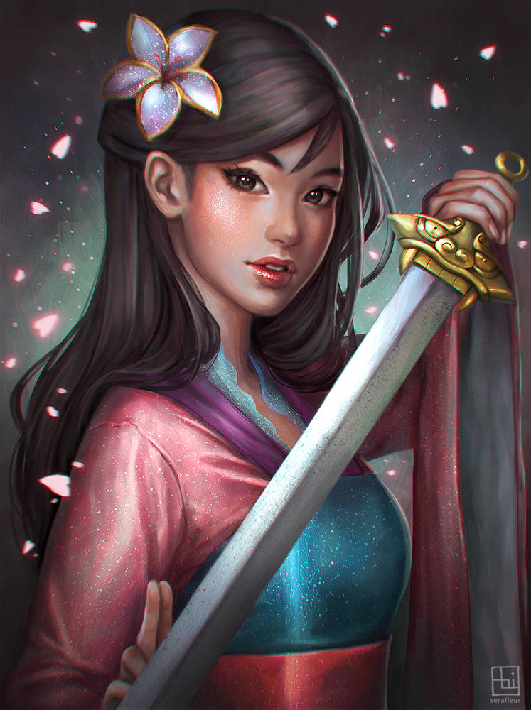 Mulan 桌布 壁紙 — 一位平靜的動漫女戰士，深色頭髮，戴著發光的花朵髮夾，手持閃亮的劍，櫻花飄落在她周圍。