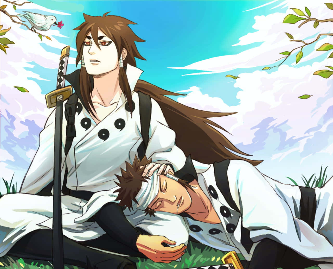 Asura ōtsutsuki 桌布 壁紙 — 一位平靜的動漫戰士在明亮的藍天下抱著昏迷的同伴，附近有一隻白鳥棲息。