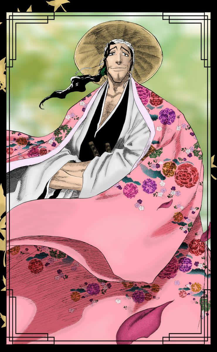 Shunsui Kyoraku 桌布 壁紙 — 一位平靜的動漫男子穿著粉紅色花卉和服和草帽，雙臂交叉坐在柔和的綠色背景前。