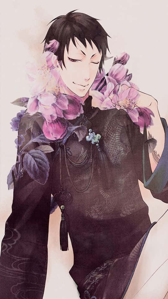 Black Butler Lau 桌布 壁紙 — 一位平靜的動漫男性，黑髮閉眼，肩上裝飾著紫色花朵。