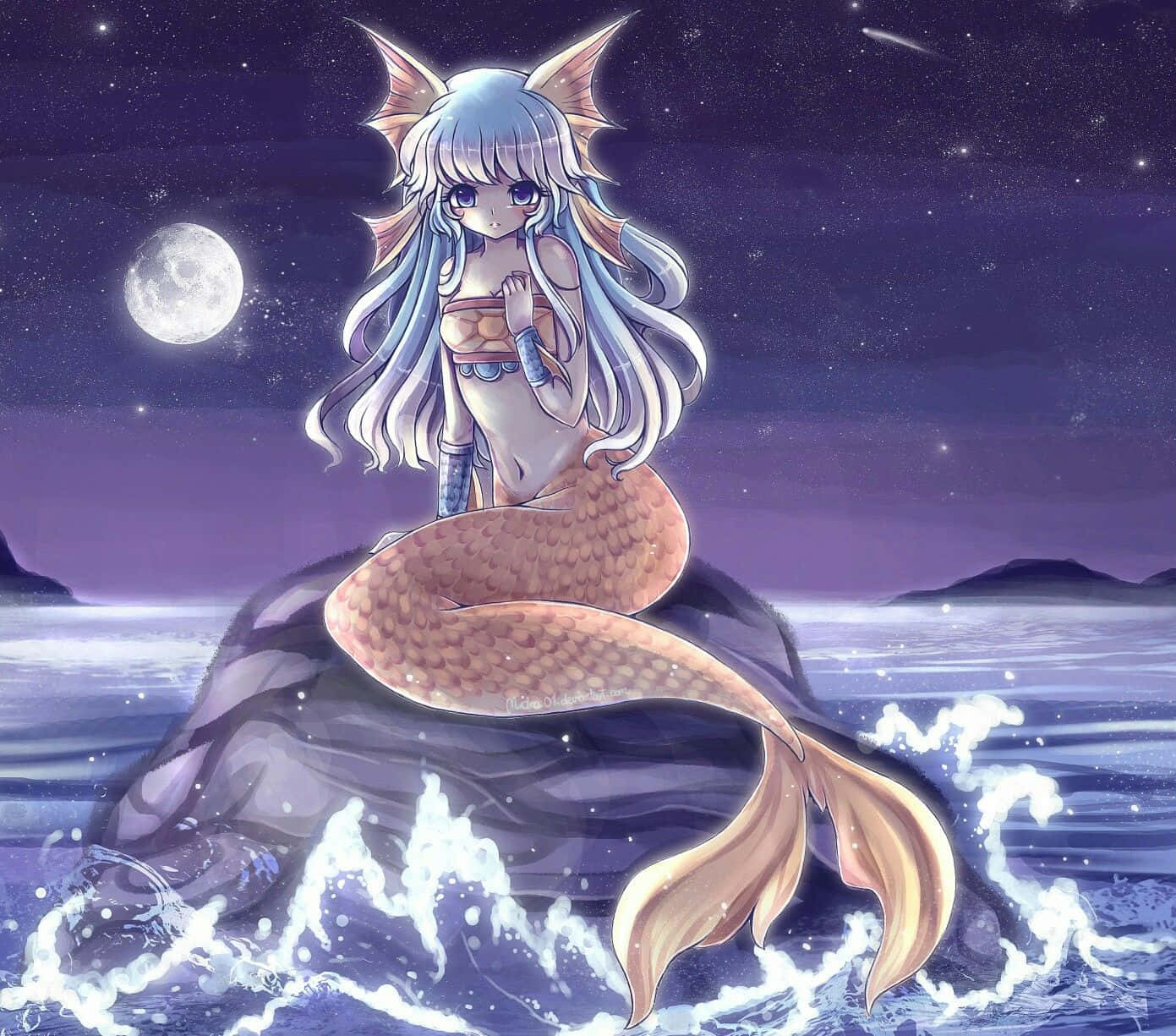 Kawaii Mermaid 桌布 壁紙 — 一位平靜的動漫美人魚，擁有狐狸耳朵和長長的銀色頭髮，坐在滿月星空下的岩石上。