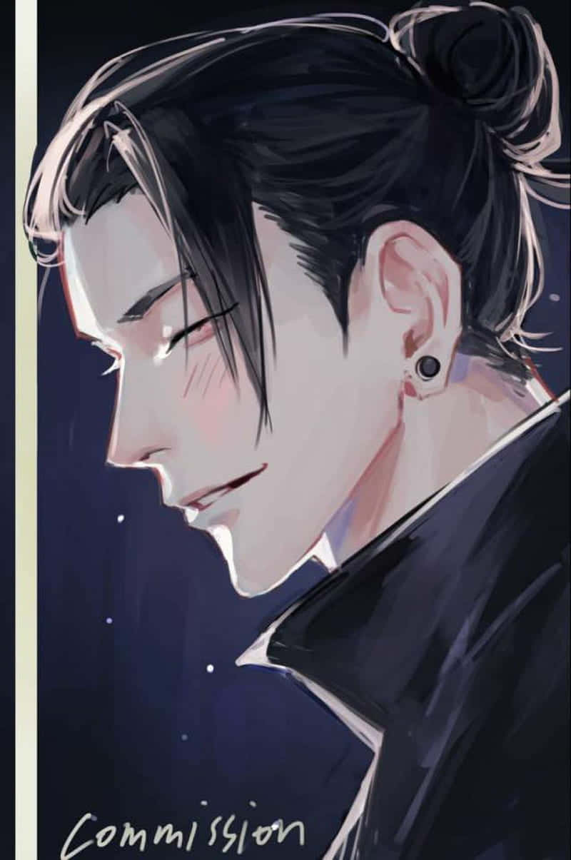 動漫男孩 桌布 壁紙 — 一位平靜的動畫男性，深色頭髮束成髮髻，戴著黑色耳環，在星空下俯視。