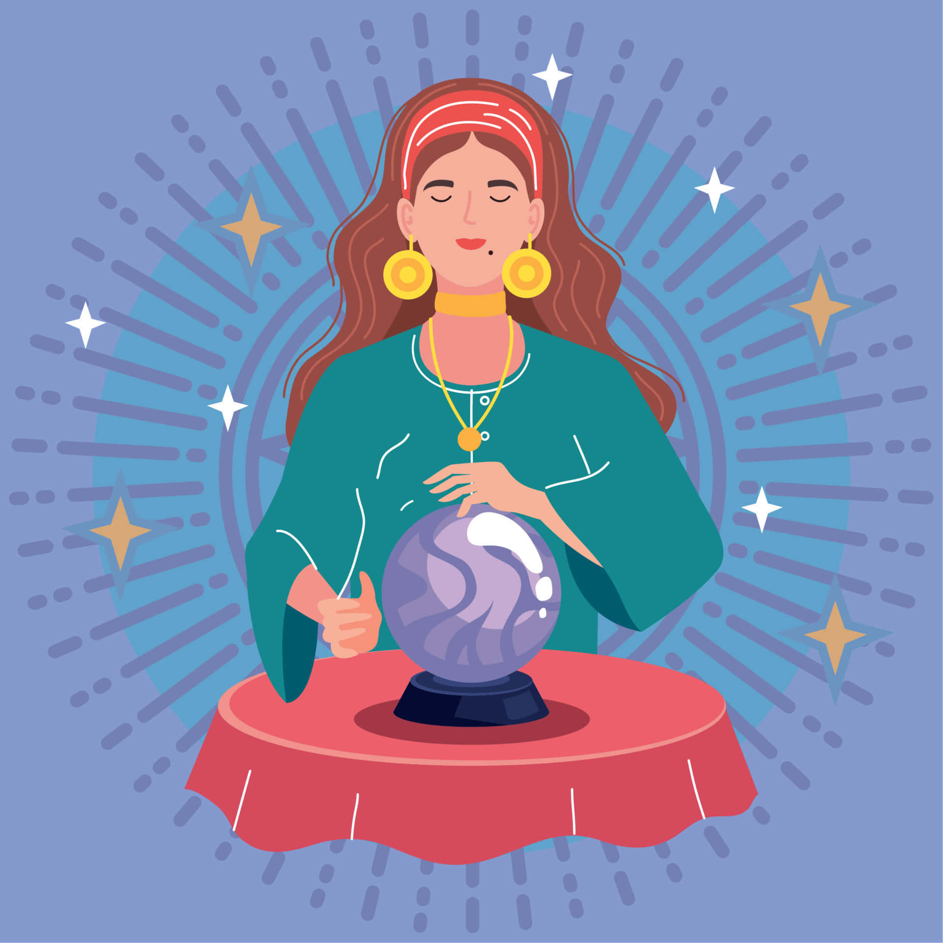 Fortune Teller 桌布 壁紙 — 一位平靜的占卜師閉著眼睛，輕輕地拿著一個水晶球放在紅色桌布上，背景是星光閃爍的藍色。