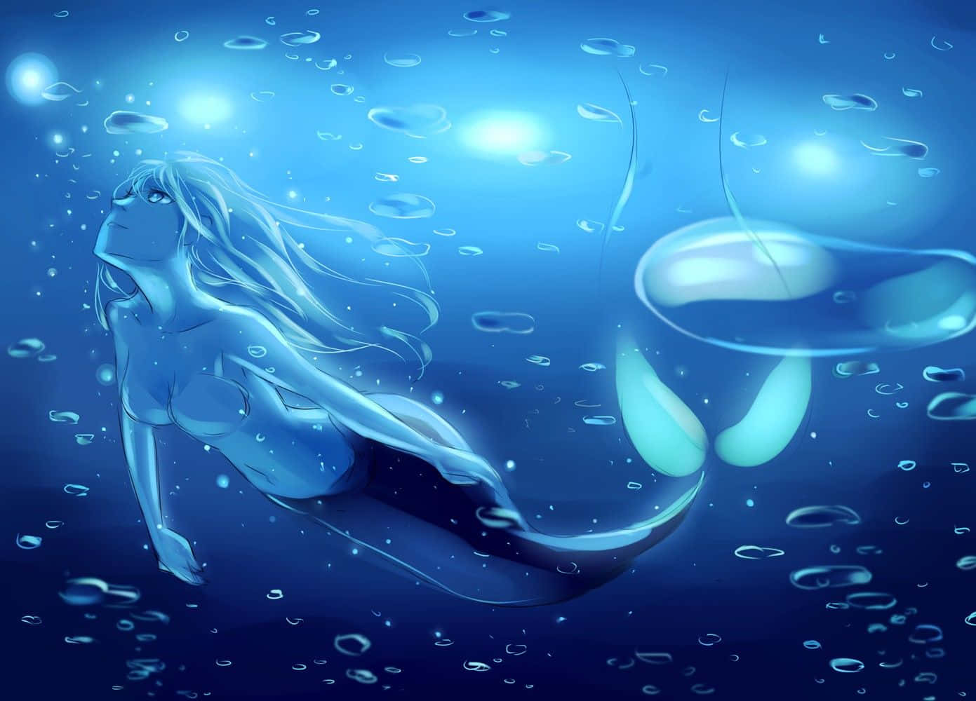 美人魚 桌布 壁紙 — 一位平靜的美人魚，飄逸的長髮在深藍色的海水中滑行，周圍環繞著發光的氣泡和光線。