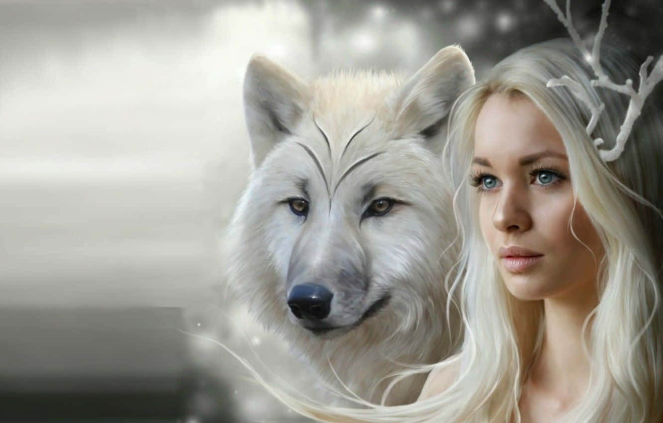 Dire Wolf 桌布 壁紙 — 一位平靜的金髮女子，頭髮上有鹿角般的樹枝，站在一頭雄偉的白狼旁邊，背景是霧濛濛的灰色。
