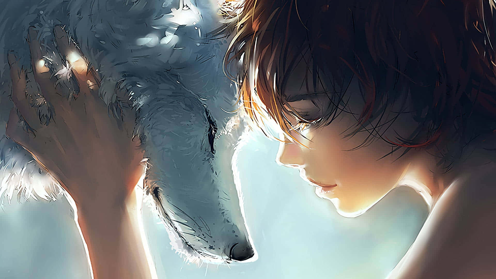 Wolf Aesthetic 桌布 壁紙 — 一位年輕人輕輕地懷抱著一隻白狼的頭，在柔和陽光的擁抱中。