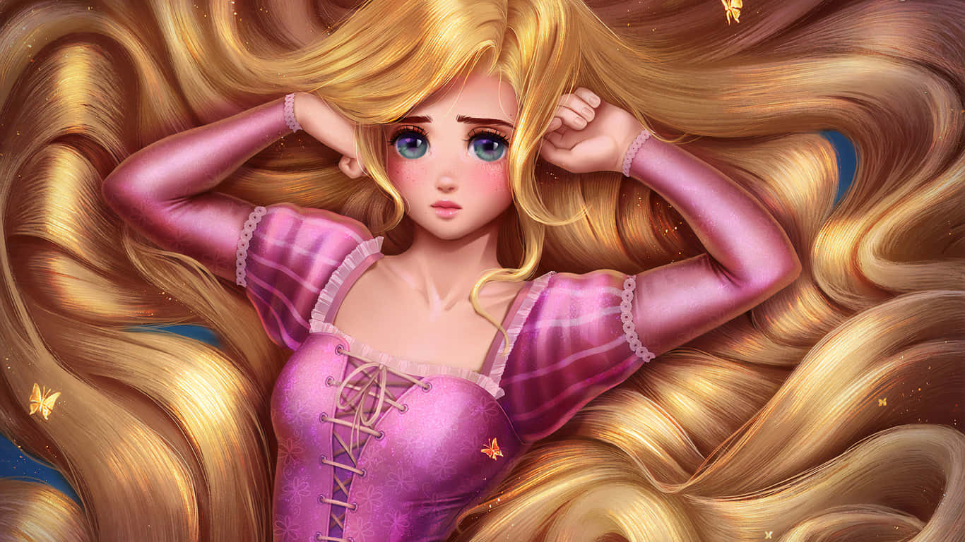 Disney Character 桌布 壁紙 — 一位年輕公主擁有豐盈的金色頭髮和藍色眼睛，身穿粉紅色連衣裙，周圍環繞著飄浮的蝴蝶。
