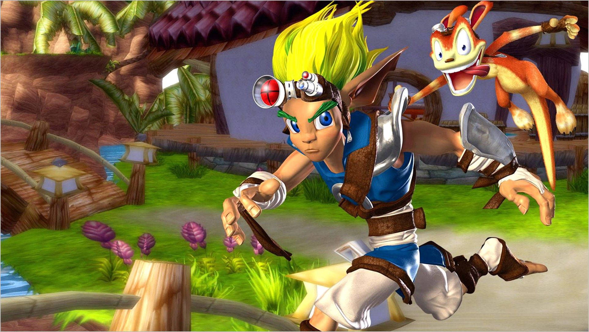 Jak 3 桌布 壁紙 — 一位年輕冒險家，有著尖刺金髮和猴子同伴，跳躍穿過一個茂密的叢林村莊，村莊裡有木屋和發光的燈籠。