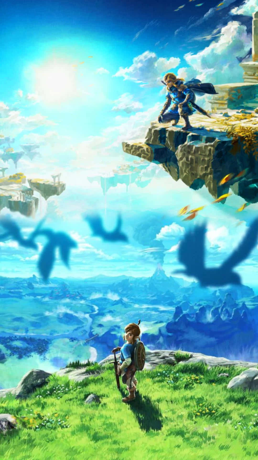 Botw 桌布 壁紙 — 一位年輕冒險家站在長滿草的懸崖上，仰望浮空島上的一位戰士，背景是明亮的藍天和翱翔的鳥兒。