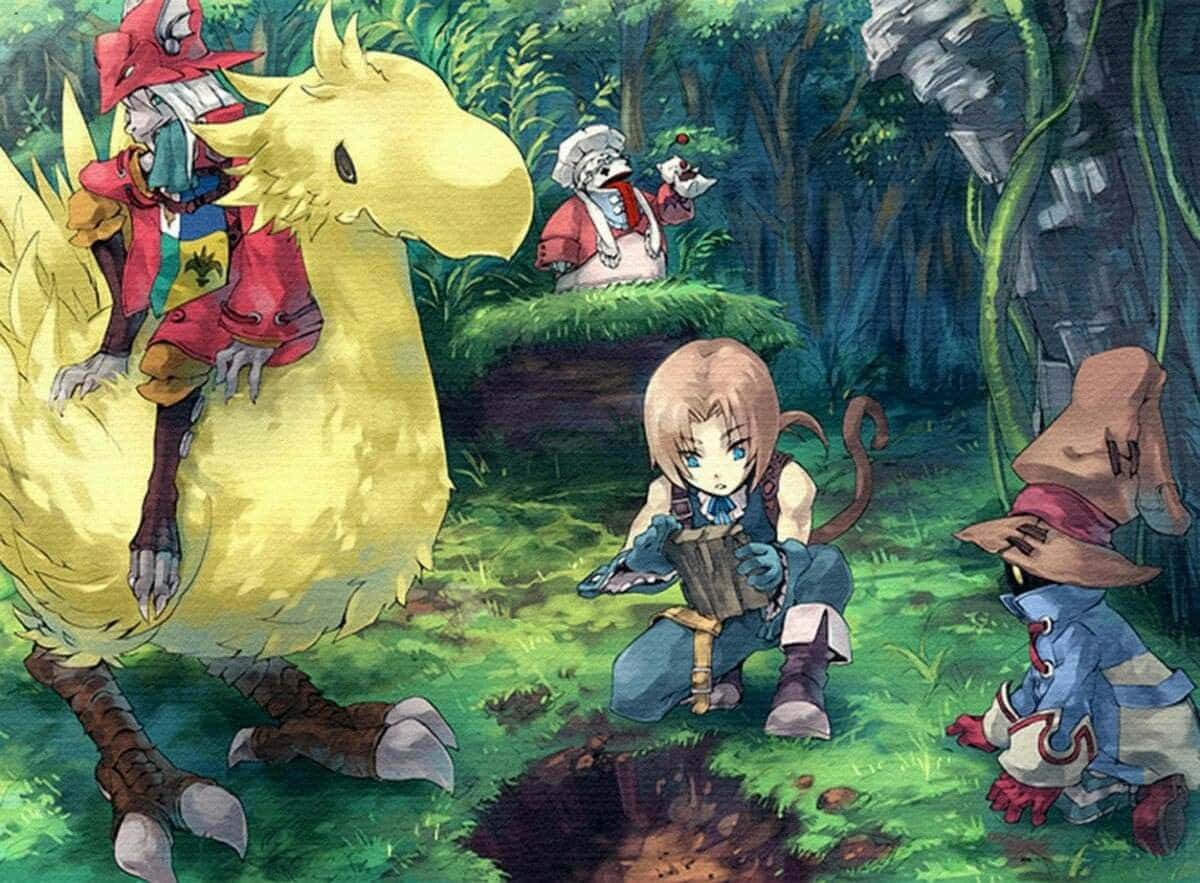 Final Fantasy Ix 桌布 壁紙 — 一位年輕冒險者跪在茂密的綠色森林中，一隻巨大的黃色陸行鳥和其他奇特的生物在附近觀看。