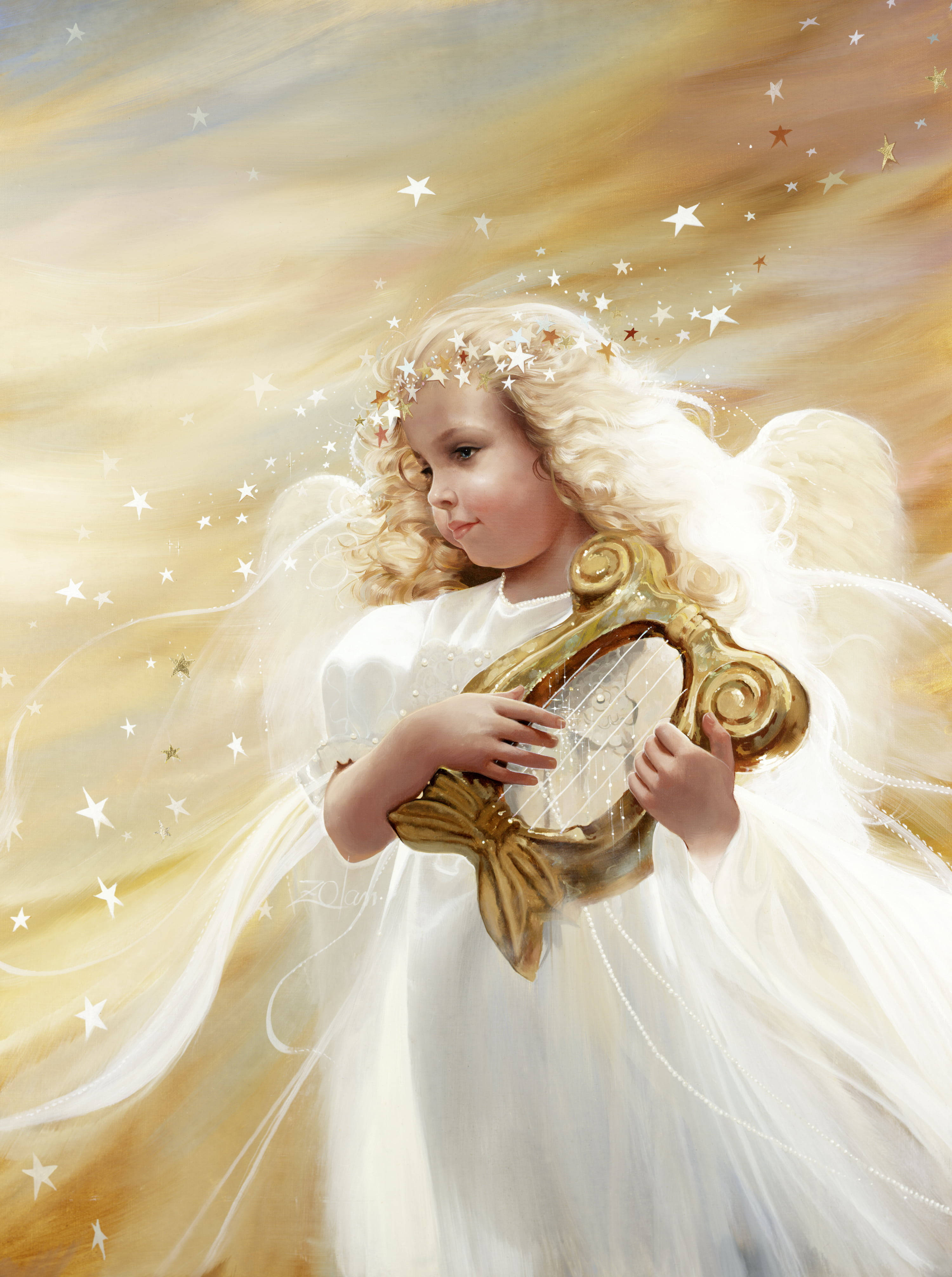 angels 桌布 壁紙 — 一位年輕天使，金髮白翼，在繁星與溫暖光芒旋轉的天空中手持豎琴。