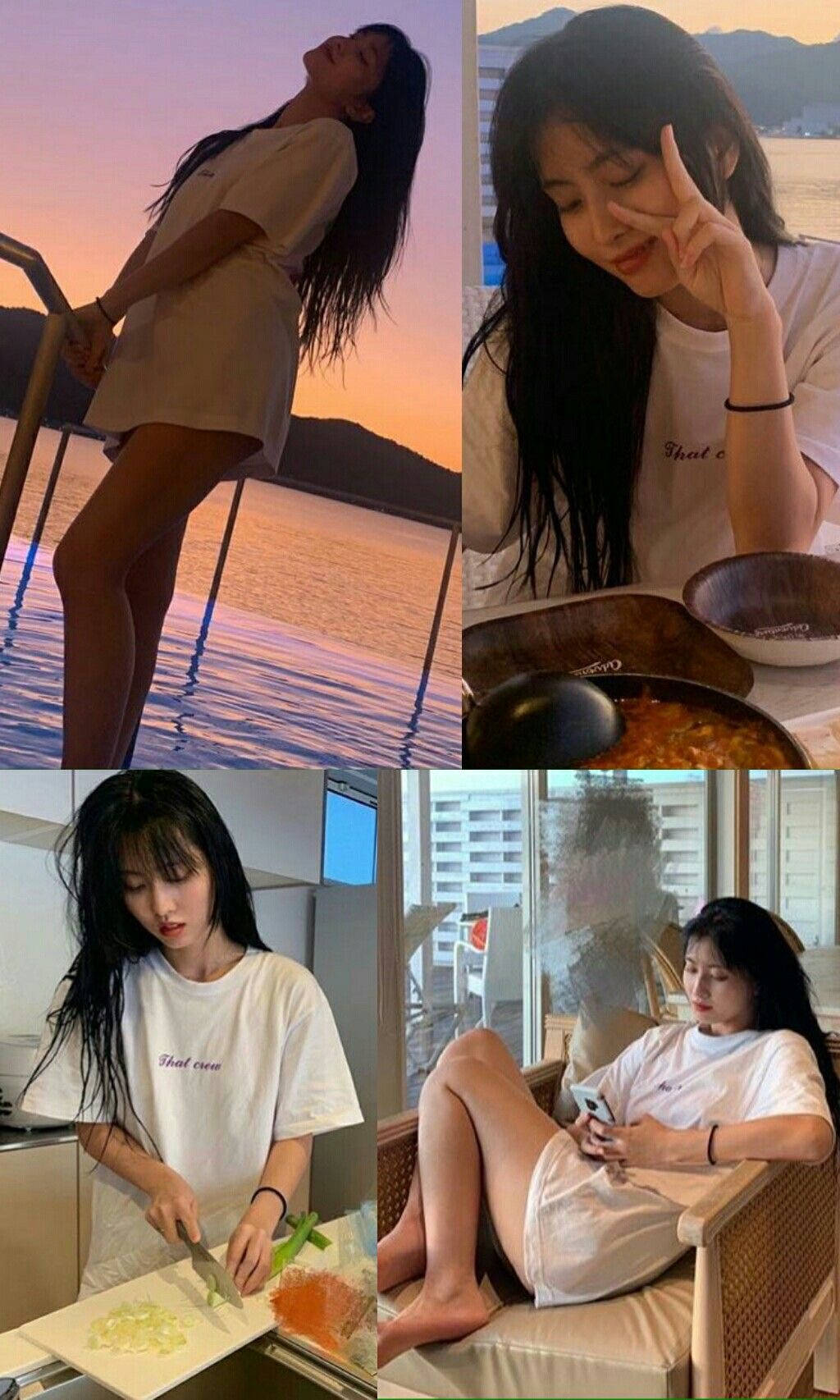 Momo 桌布 壁紙 — 一位年輕女士在水邊享受寧靜的日落，用餐，切蔬菜，並穿著白色服裝在室內放鬆。