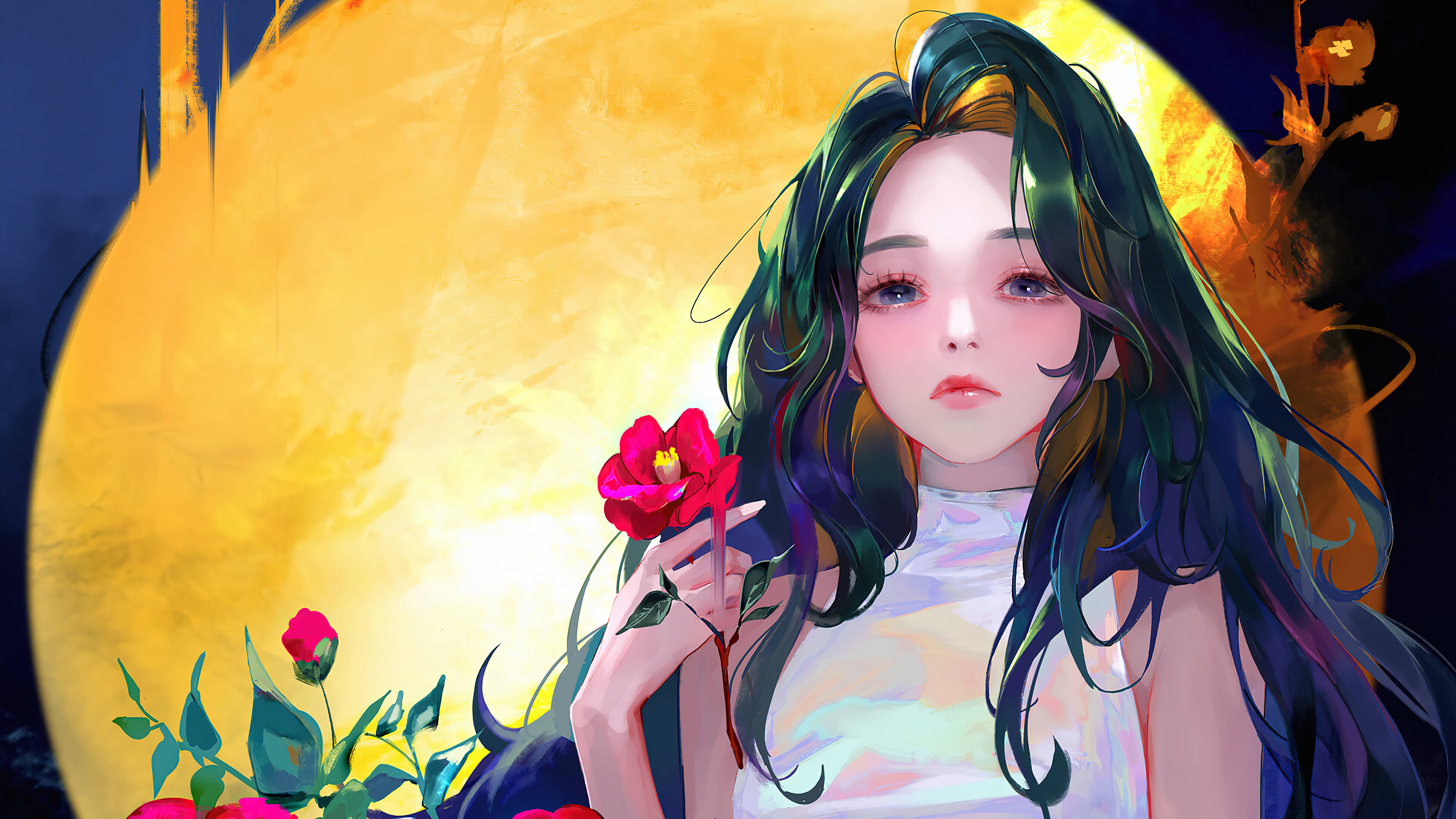 動漫女孩 桌布 壁紙 — 一位年輕女子，飄逸的深色頭髮，手持一朵紅玫瑰，背景是閃耀的金色月亮。