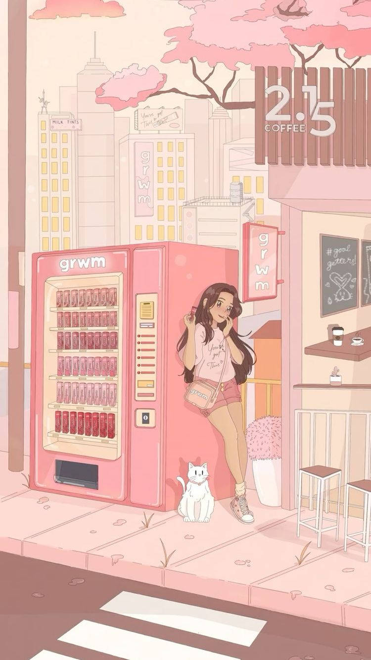 動漫女孩 桌布 壁紙 — 一位年輕女子倚靠在一部粉紅色自動販賣機旁，身處柔和色調的城市街景中，附近有櫻花和一隻白貓。