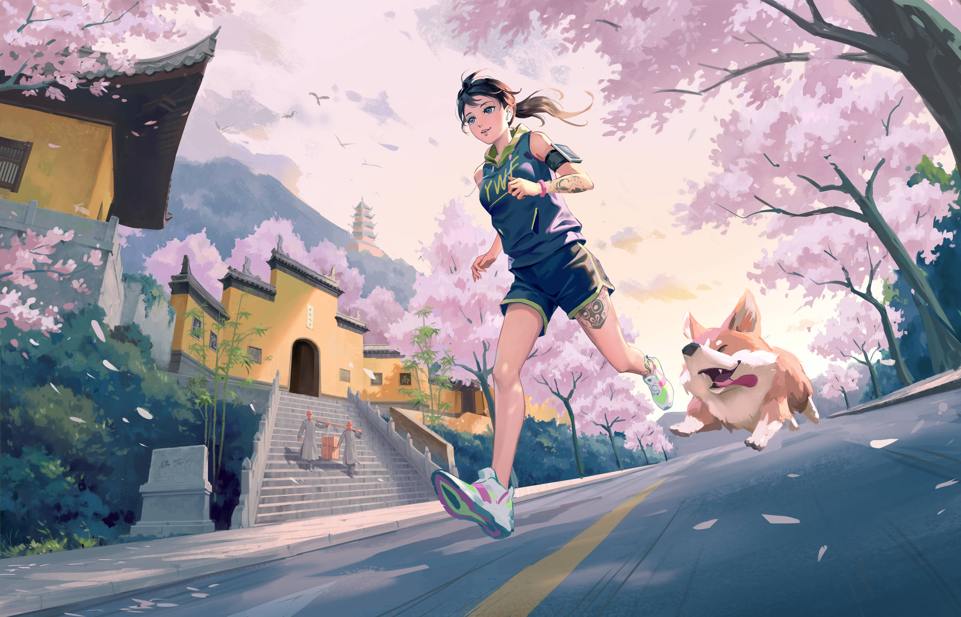 Dog And Girl 桌布 壁紙 — 一位年輕女子和她的柯基犬在傳統黃色寺廟建築附近，沿著盛開的櫻花樹道路歡快地奔跑。