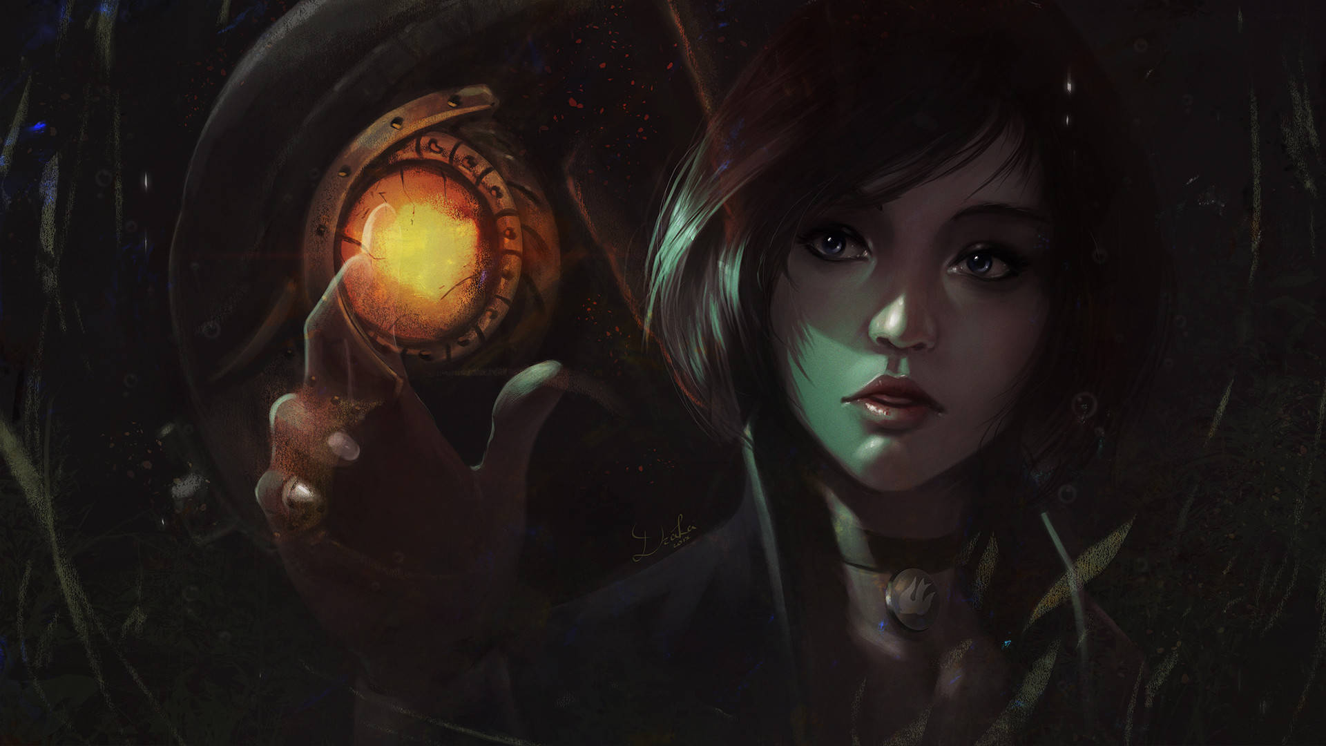Bioshock Infinite Desktop 桌布 壁紙 — 一位年輕女子在夜晚黑暗神秘的森林中，手持一顆發光的球體，雙眼閃爍著光芒。