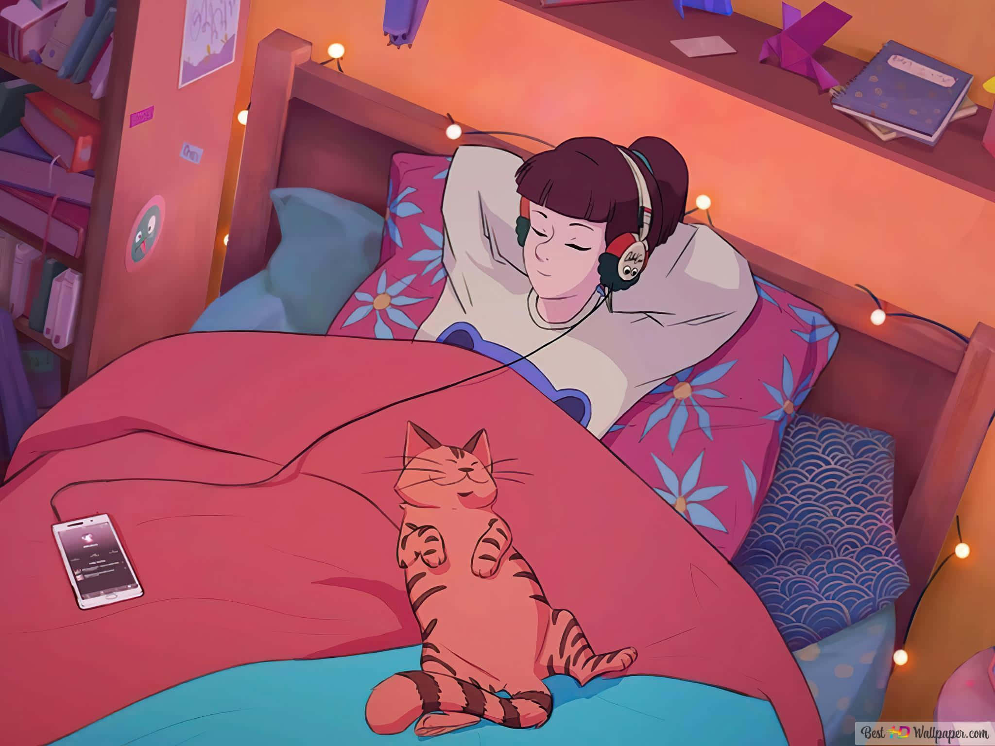 Lofi Chill 桌布 壁紙 — 一位年輕女子在舒適的床上安詳地睡著，一隻條紋貓蜷縮在她身邊，溫暖的燈串下。