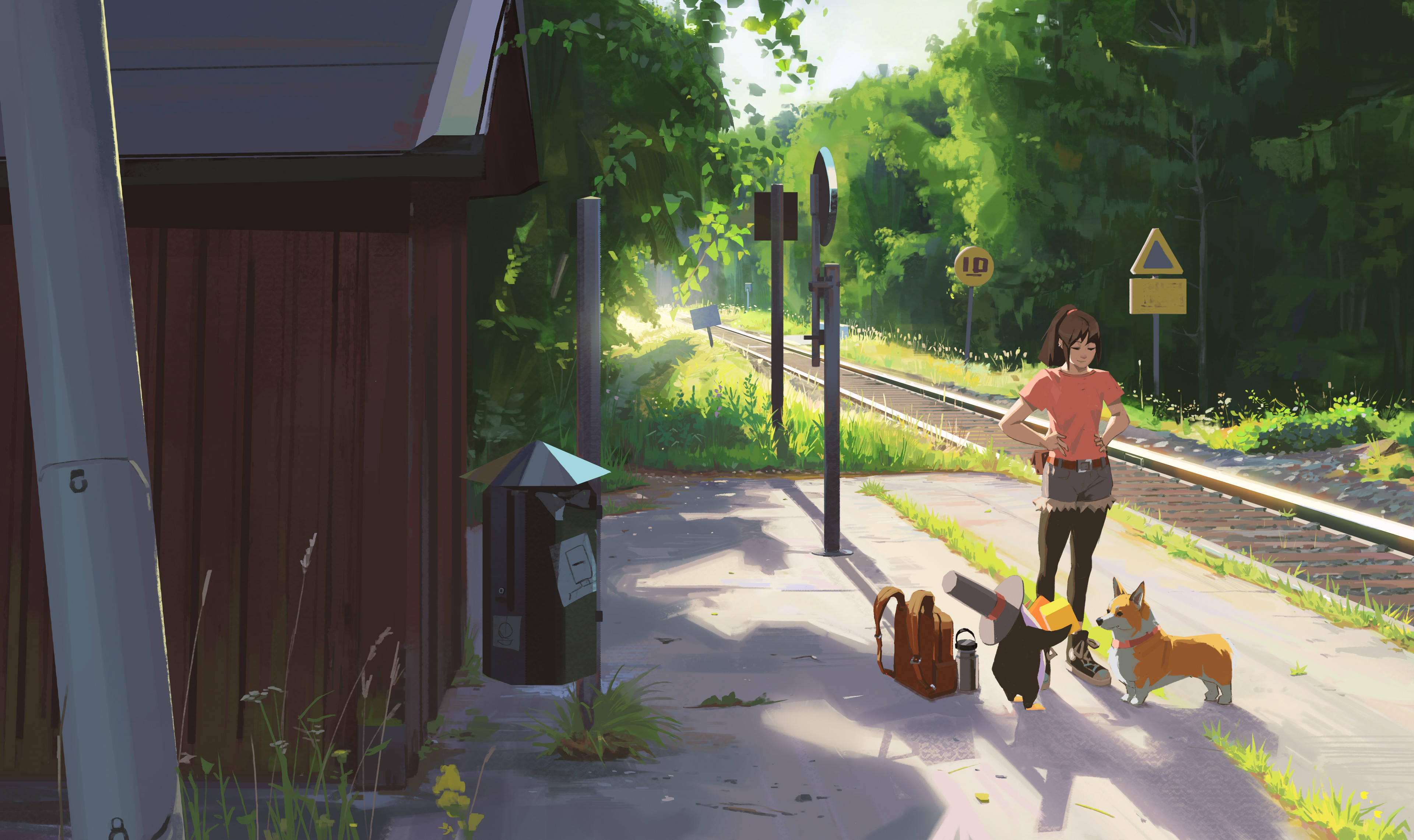 動漫狗 桌布 壁紙 — 一位年輕女子帶著柯基犬和背包站在寧靜的森林火車站，沐浴在金色的午後陽光中。