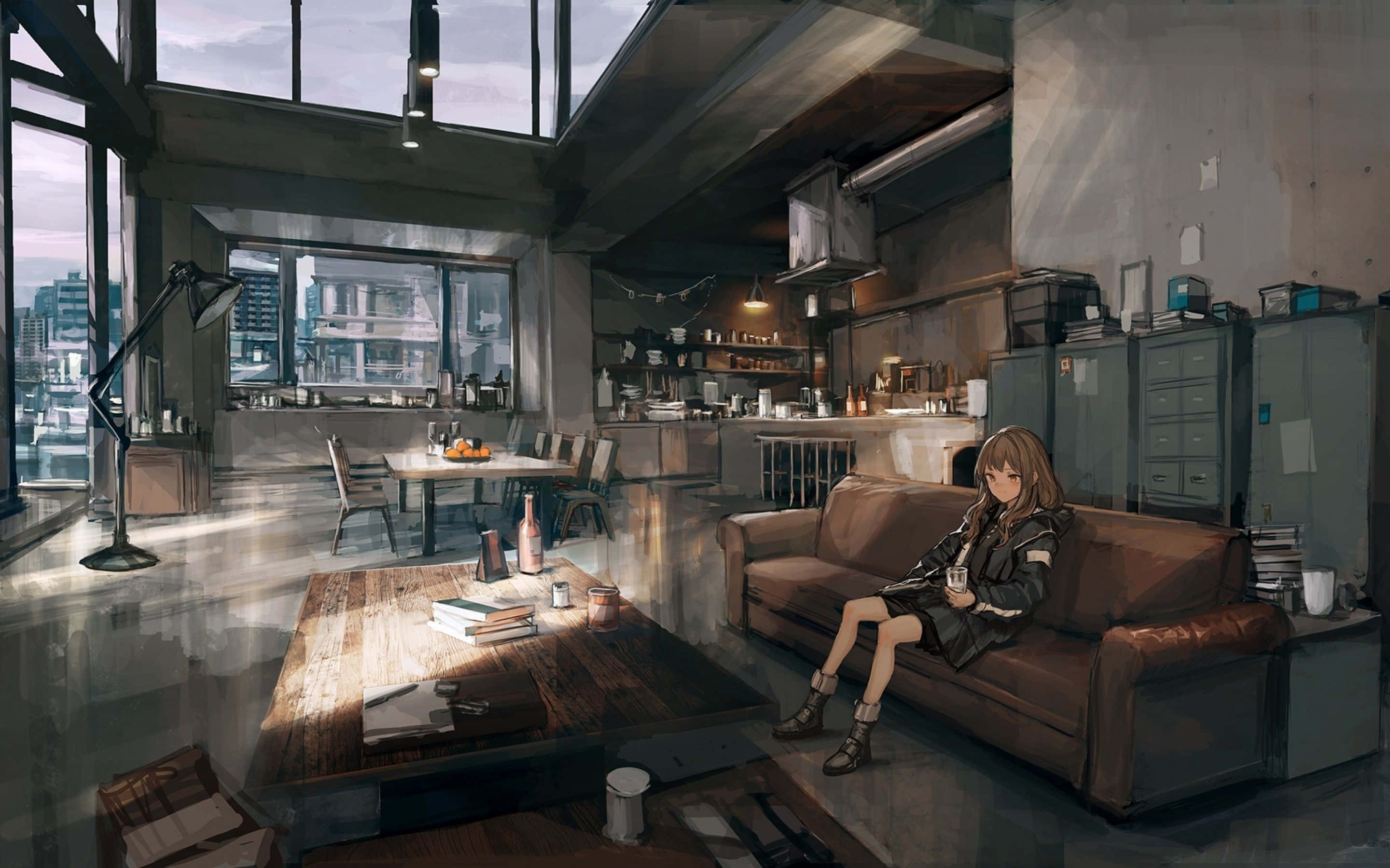 Anime Living Room 桌布 壁紙 — 一位年輕女子獨自坐在寬敞、燈光昏暗的閣樓公寓中一張破舊的棕色沙發上，大窗戶可俯瞰黃昏時分的城市景觀。