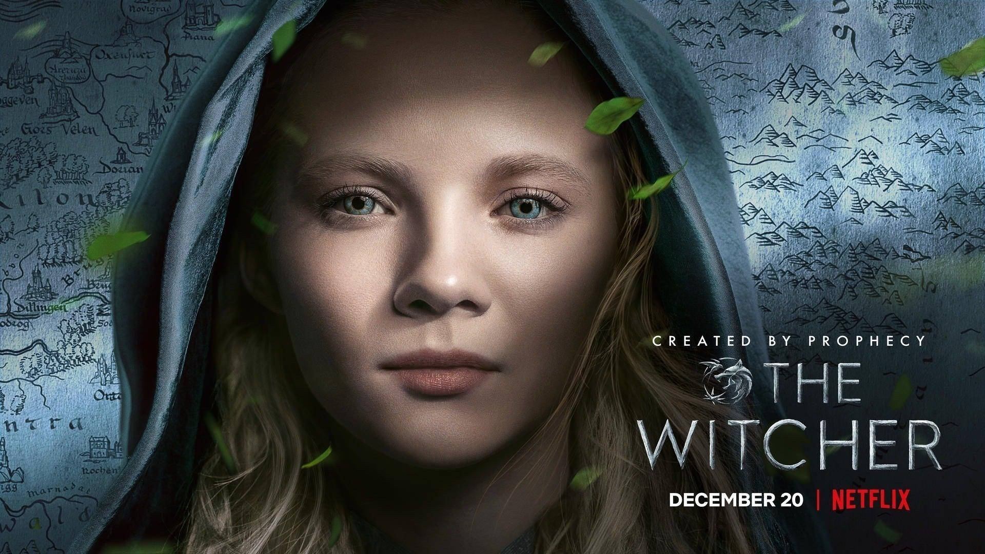 Netflix 桌布 壁紙 — 一位年輕女子穿著連帽斗篷，向前凝視，綠色樹葉在她周圍飄揚，背景是詳細的奇幻地圖。