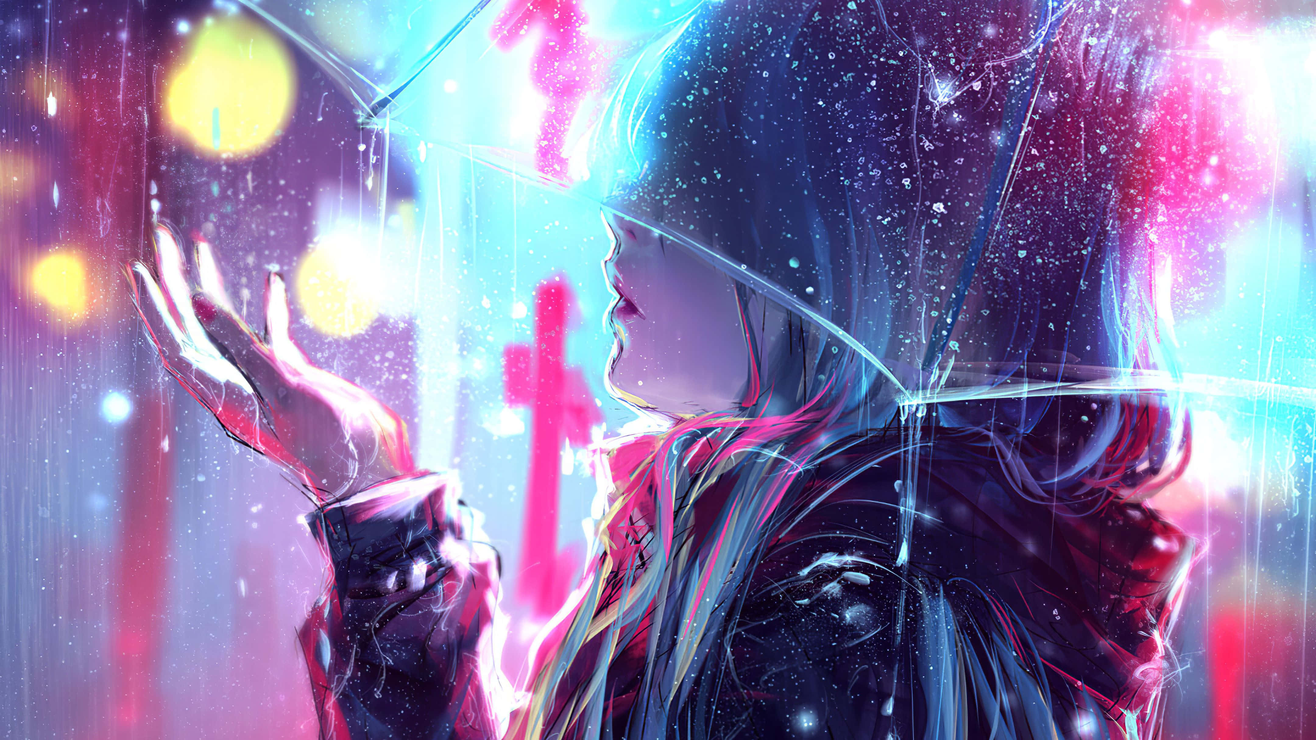 Rain Anime 桌布 壁紙 — 一位年輕女子穿著雨衣，在霓虹燈下撐著傘，雨滴掠過她舉起的手。