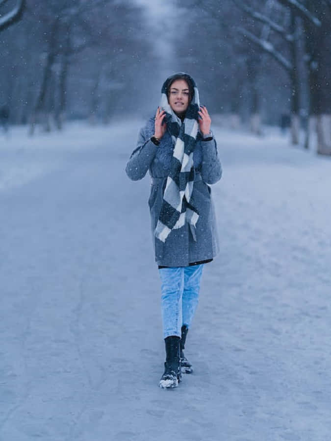 Snowshoes 桌布 壁紙 — 一位年輕女子穿過白雪覆蓋的公園，身穿灰色外套和格子圍巾，雪花在她周圍飄落。
