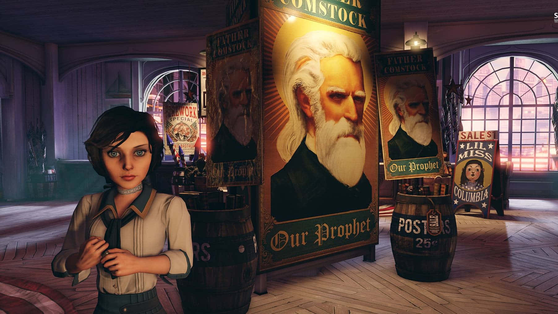 Best Bioshock Infinite 桌布 壁紙 — 一位年輕女子站在光線昏暗的沙龍裡，裡面掛滿了康姆斯托克神父的海報和木桶。