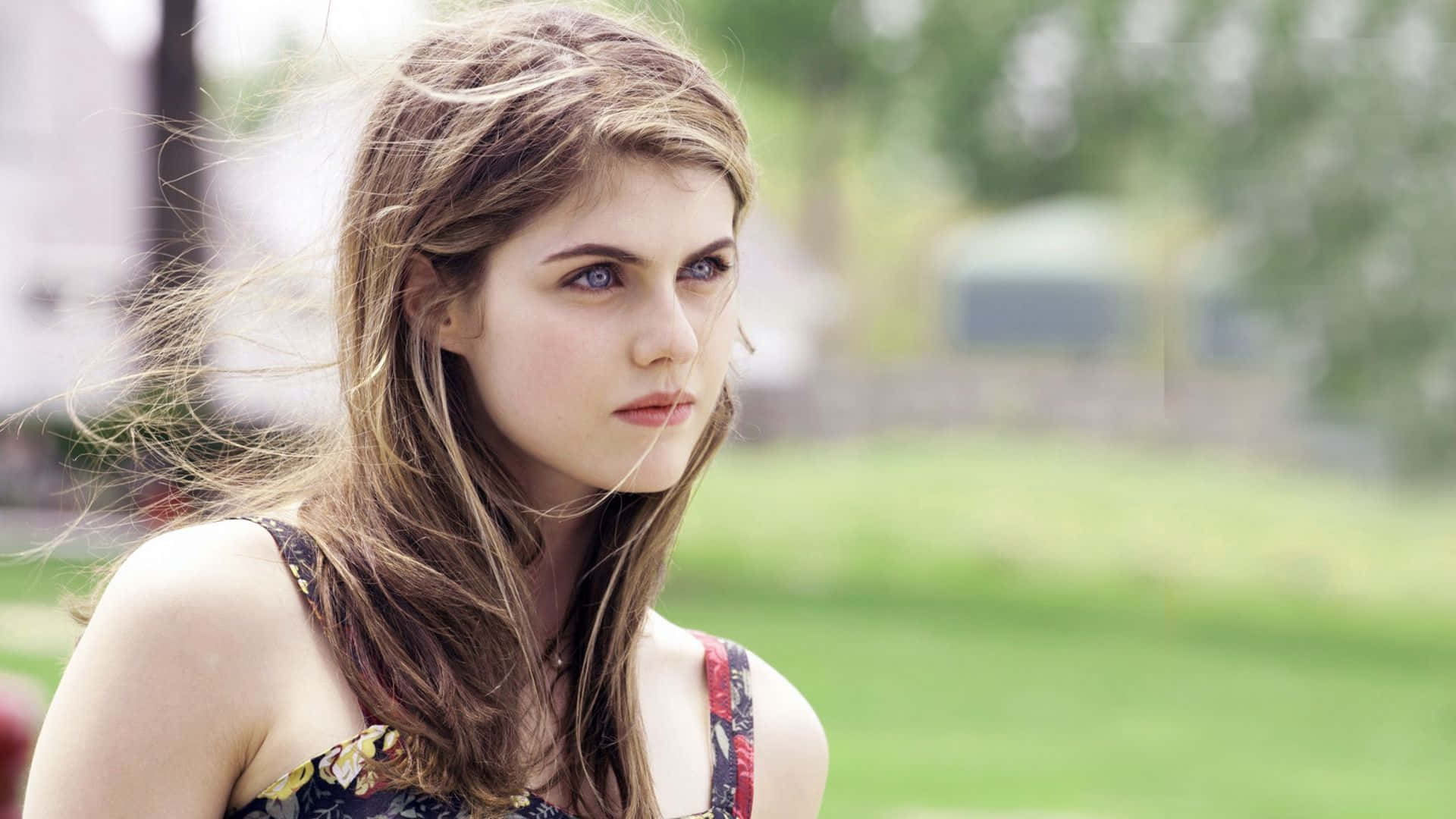 Alexandra Daddario 桌布 壁紙 — 一位年輕女子頭髮被風吹亂，在晴朗的日子裡若有所思地望向戶外。