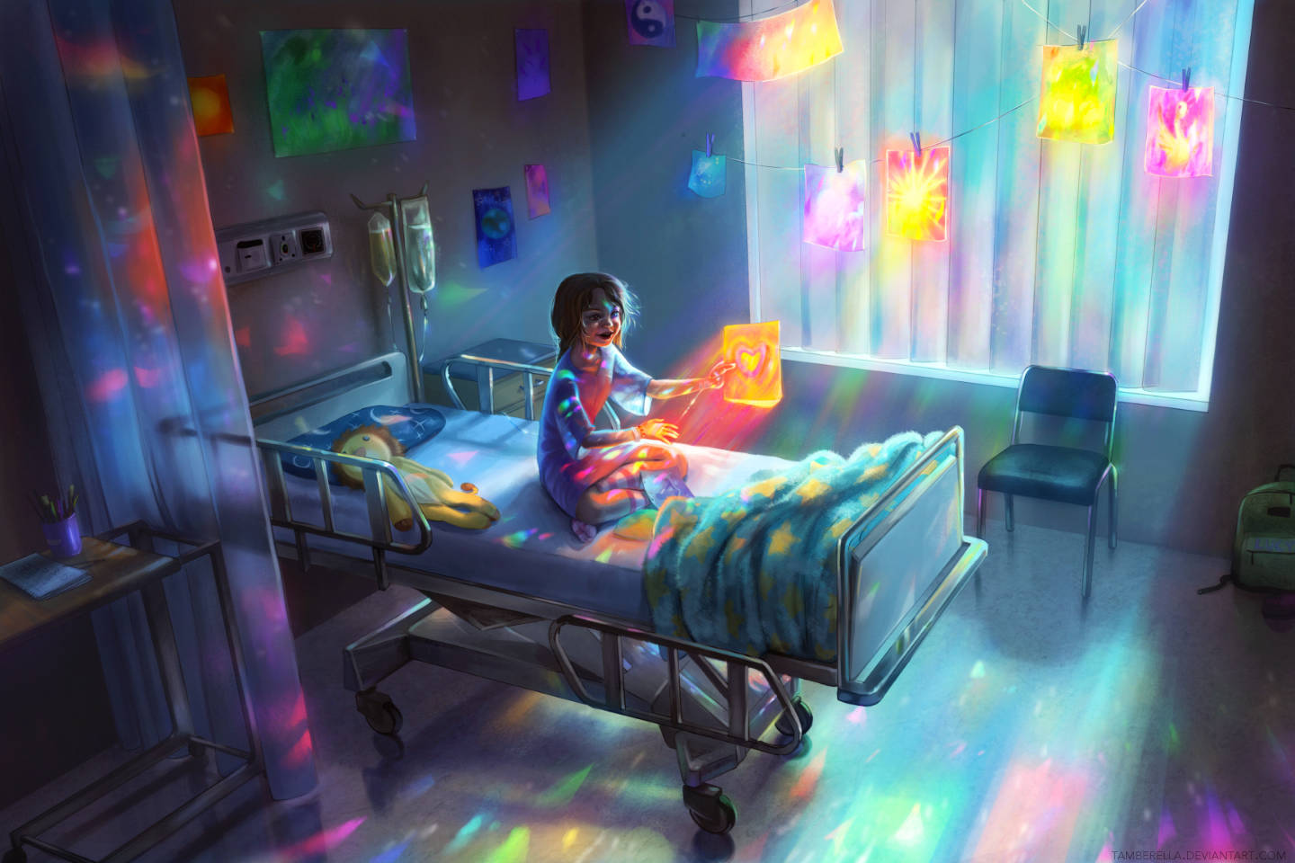 child 桌布 壁紙 — 一位年輕女孩在醫院病床上微笑，色彩繽紛的紮染燈光在房間中投射出鮮豔的反射。