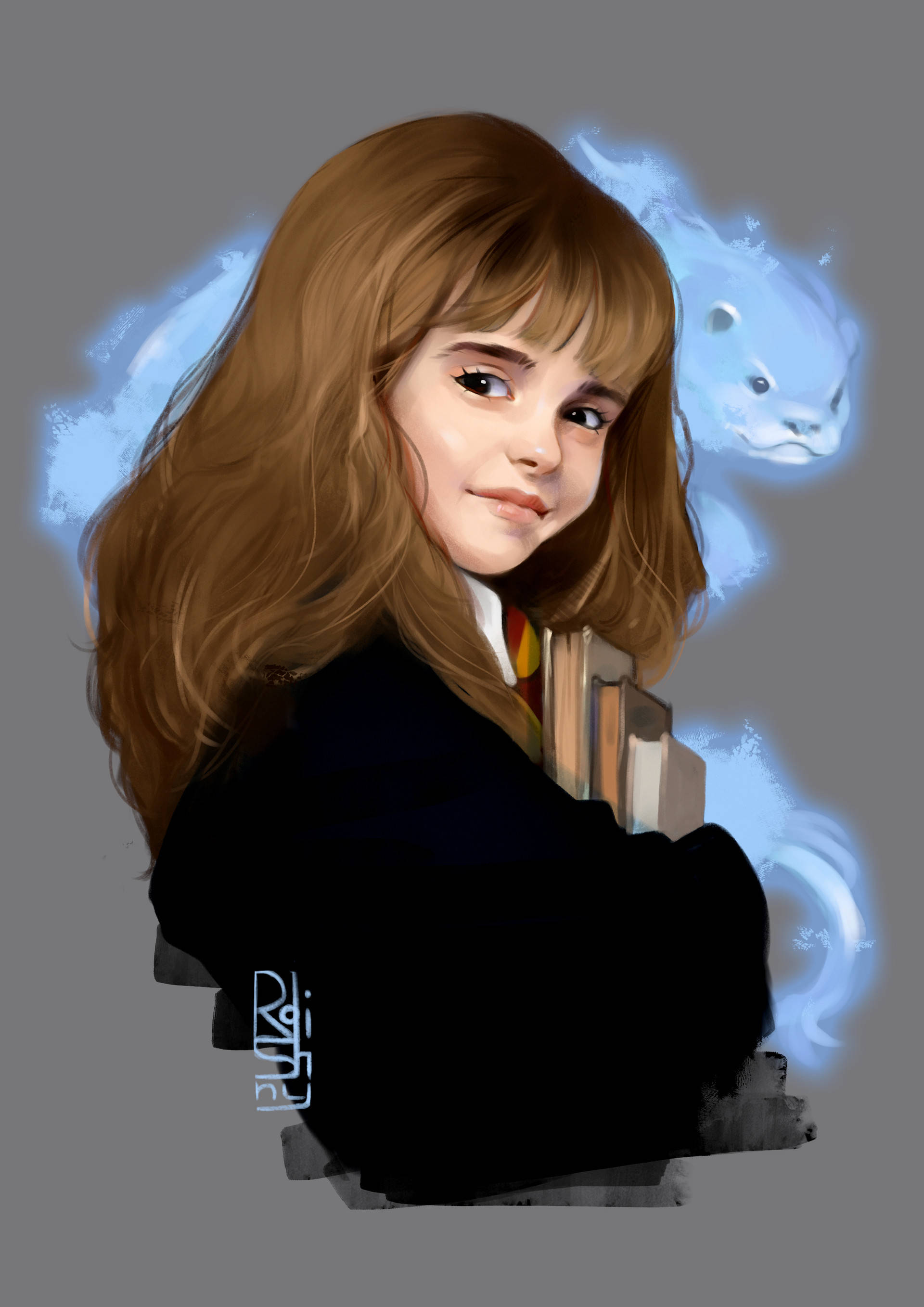 Hermione 桌布 壁紙 — 一位年輕女孩留著長長的棕色頭髮，微笑著抱著書本，身後有一個發光的藍色幽靈生物。