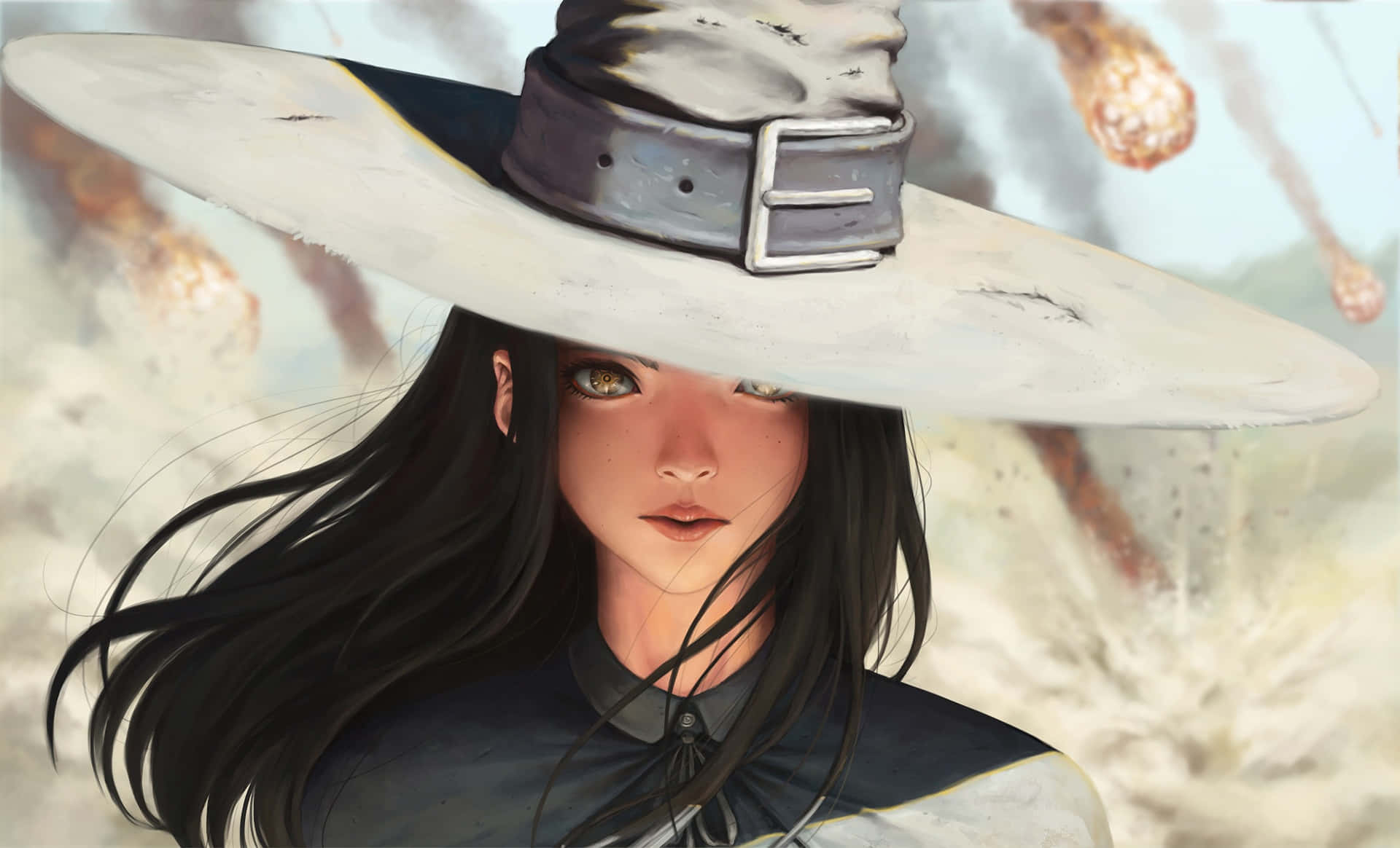 Witch Hats 桌布 壁紙 — 一位年輕女巫，長長的黑髮，戴著寬邊帽，在流星劃過多雲的天空時凝視前方。