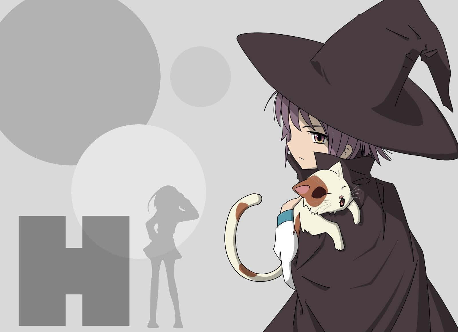 Yuki Nagato 桌布 壁紙 — 一位年輕女巫戴著深色帽子和斗篷，在極簡灰色背景上輕輕抱著一隻帶有棕色斑點的白貓，背景有漂浮的圓圈和陰影輪廓。