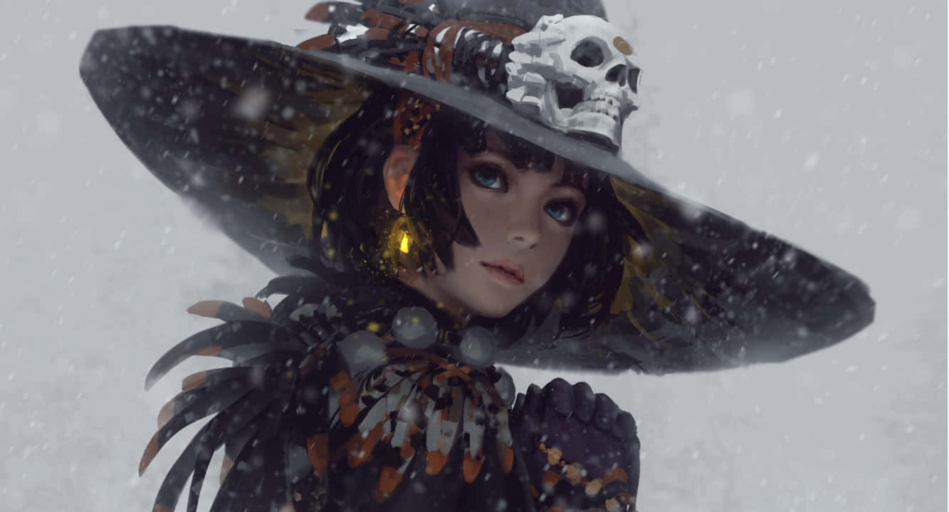 女巫 桌布 壁紙 — 一位年輕女巫戴著骷髏裝飾的帽子站在飄雪中，她的深色羽毛和金色點綴與白色風暴形成對比。