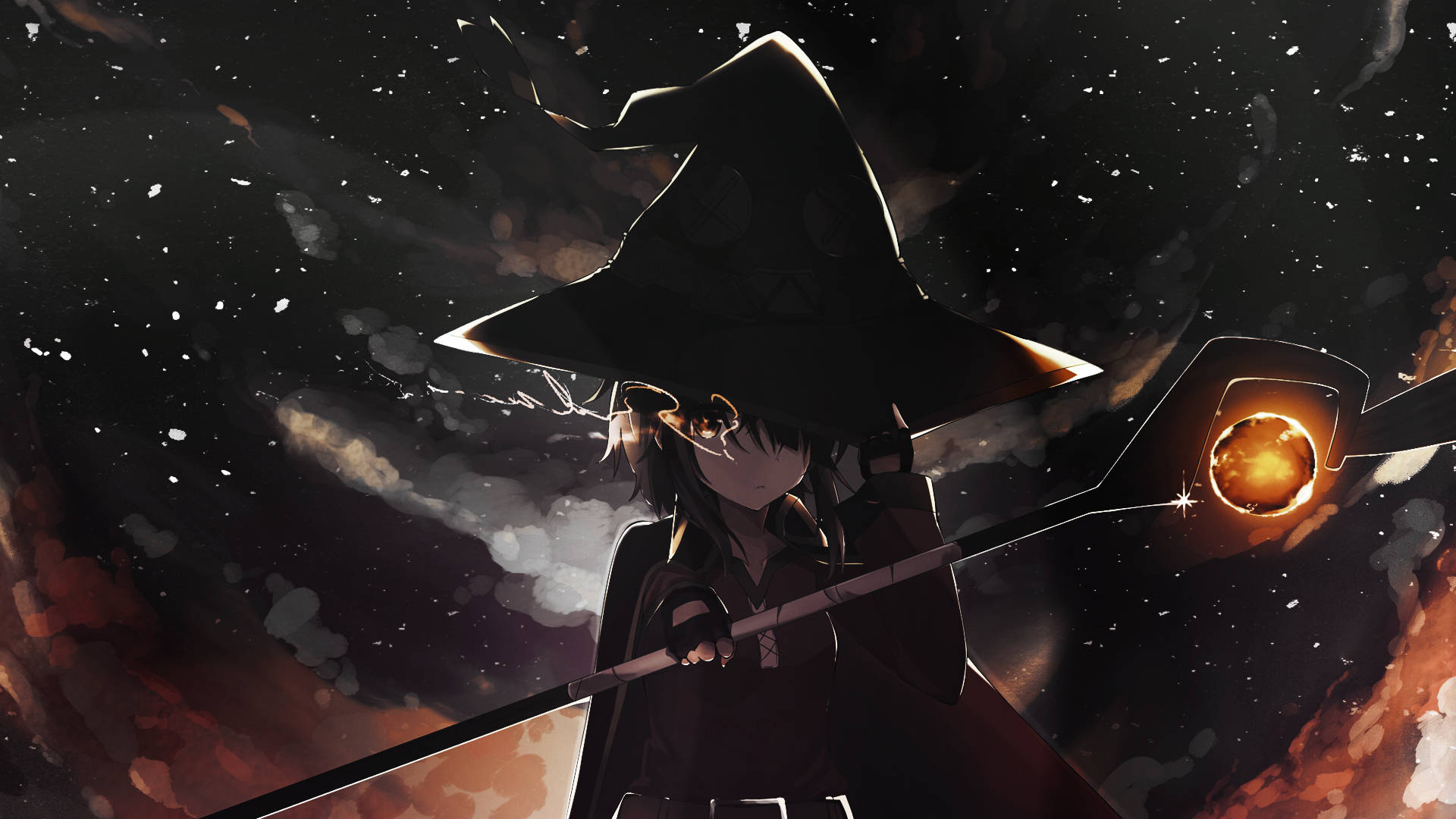 Megumin 桌布 壁紙 — 一位年輕女巫戴著高高的黑帽，在星星和旋轉星雲的宇宙背景下握著發光的法杖。