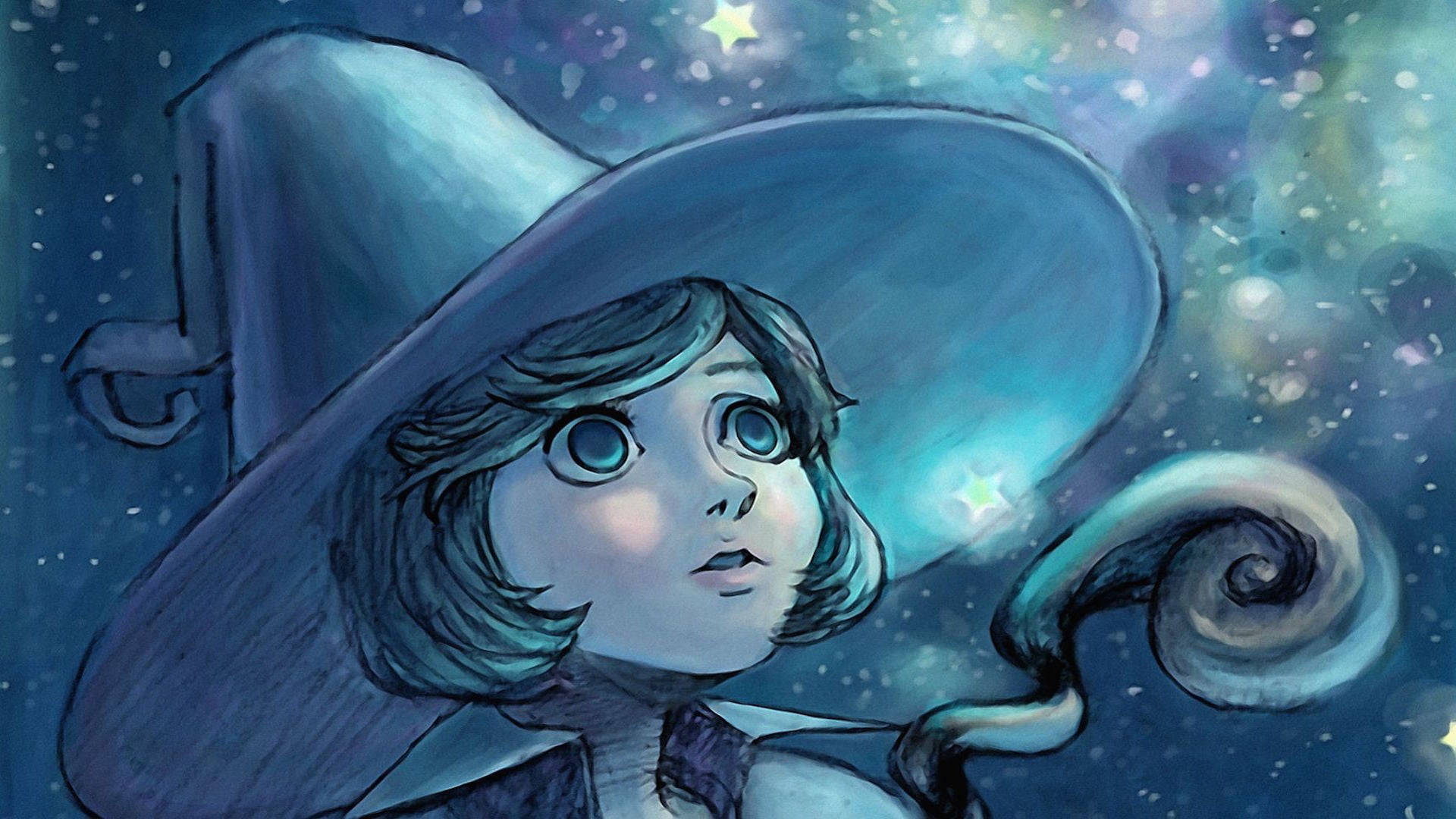 Witchy 桌布 壁紙 — 一位年輕女巫睜大藍色眼睛，在繁星點點的宇宙天空下驚奇地仰望。