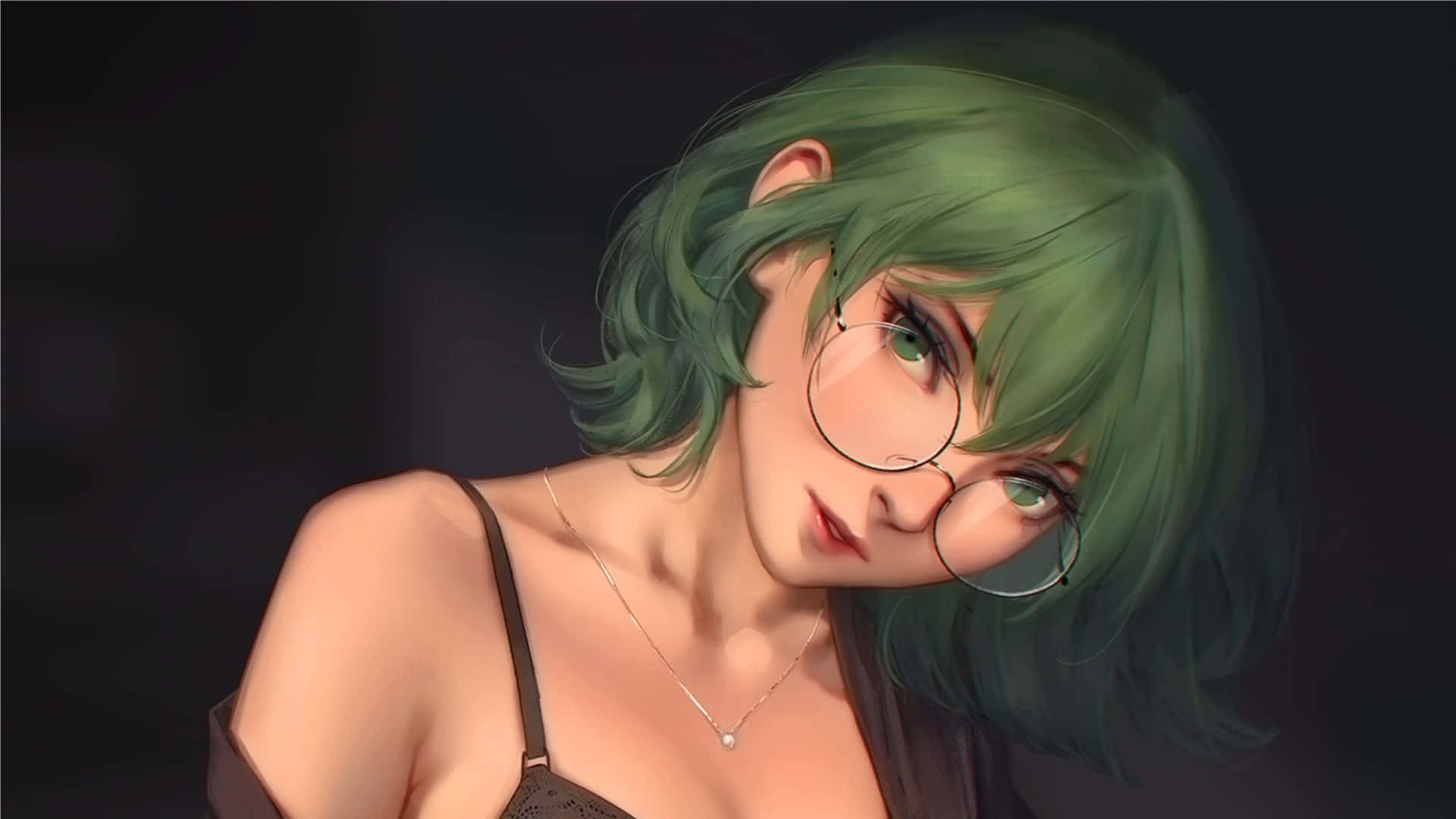 Eto Yoshimura 桌布 壁紙 — 一位年輕女性，擁有充滿活力的綠色頭髮和圓形眼鏡，在深色背景下溫柔地凝視。