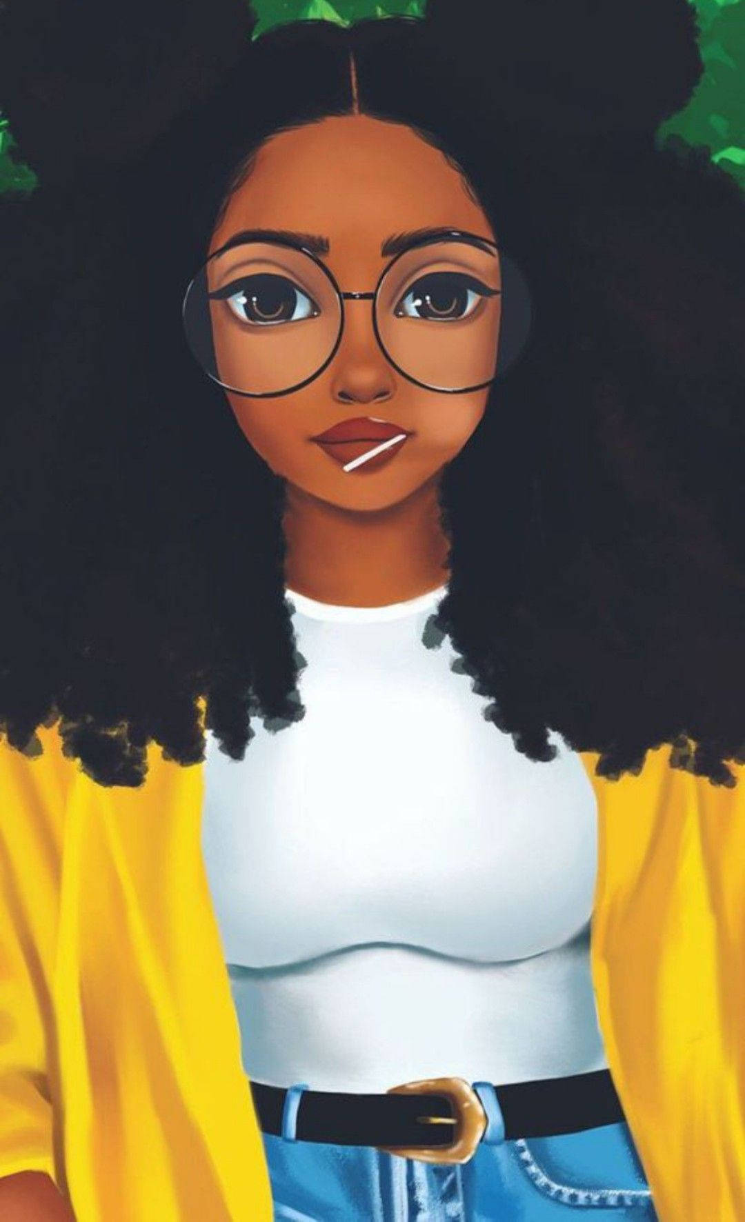 Black Girl 桌布 壁紙 — 一位年輕女性，擁有濃密黑色捲髮和圓框眼鏡，身穿黃色開襟毛衣，內搭白色上衣和藍色牛仔褲。