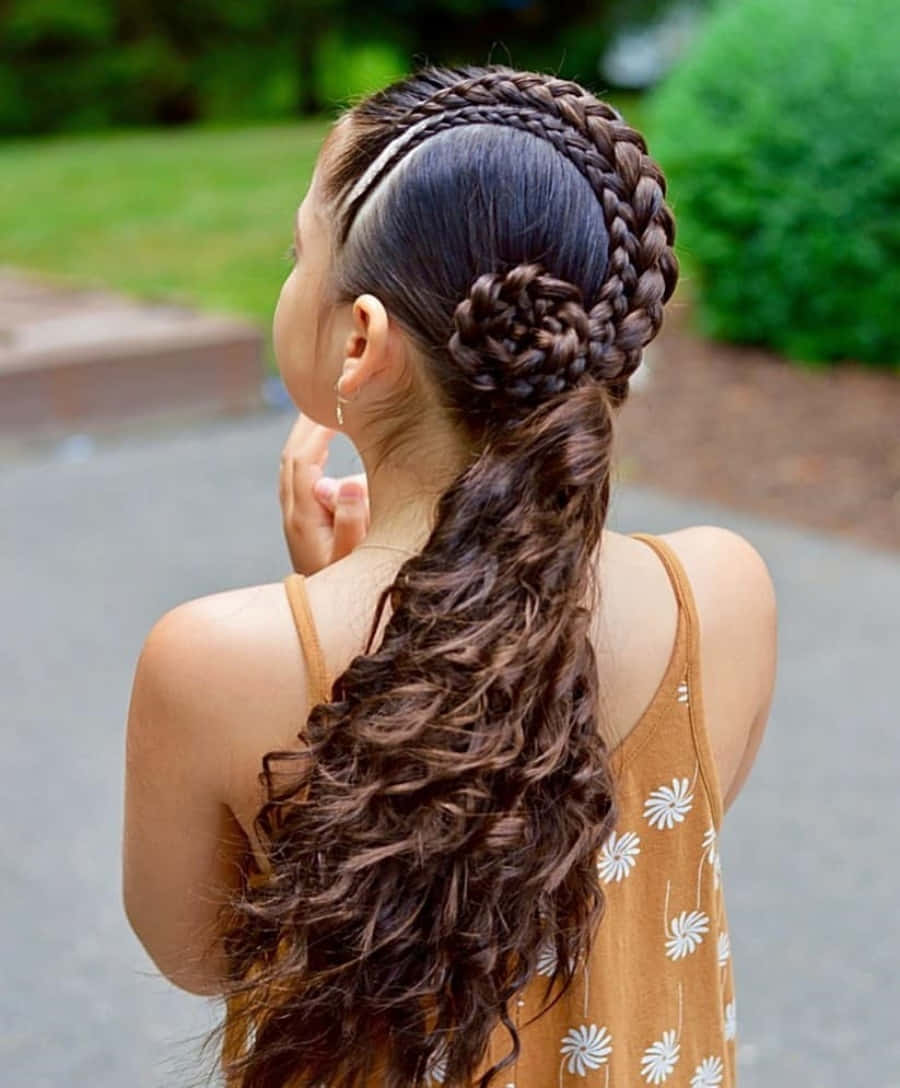 hair 桌布 壁紙 — 一位年輕女性，梳著複雜的辮子，穿著花卉上衣，站在戶外，手靠近臉龐向上凝視。