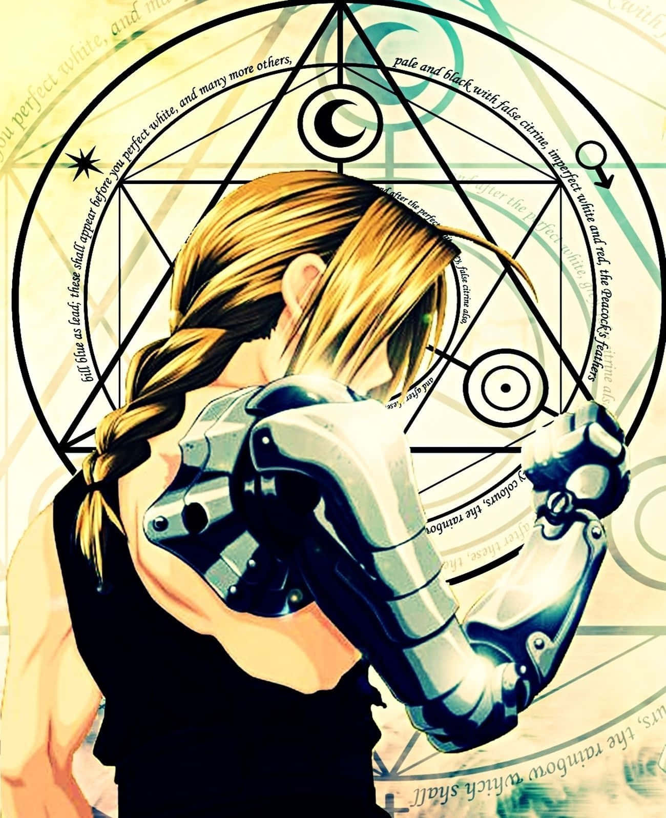 Fullmetal Alchemist 桌布 壁紙 — 一位年輕女性，梳著辮子，擁有機械手臂，站在一個充滿神秘符號和文字的五角星魔法陣前。