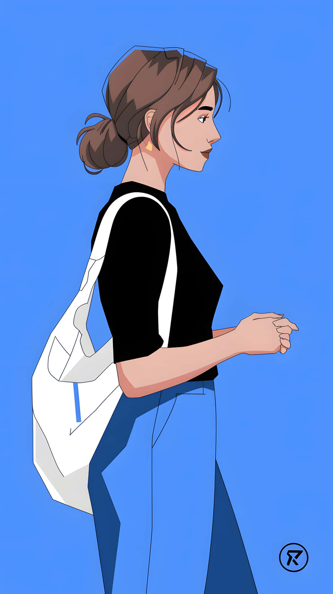Side view of woman 壁紙 — 一位年輕女性，棕色頭髮盤成髮髻，側面行走在純藍色背景前，身穿黑色上衣和藍色褲子，背著白色背包。