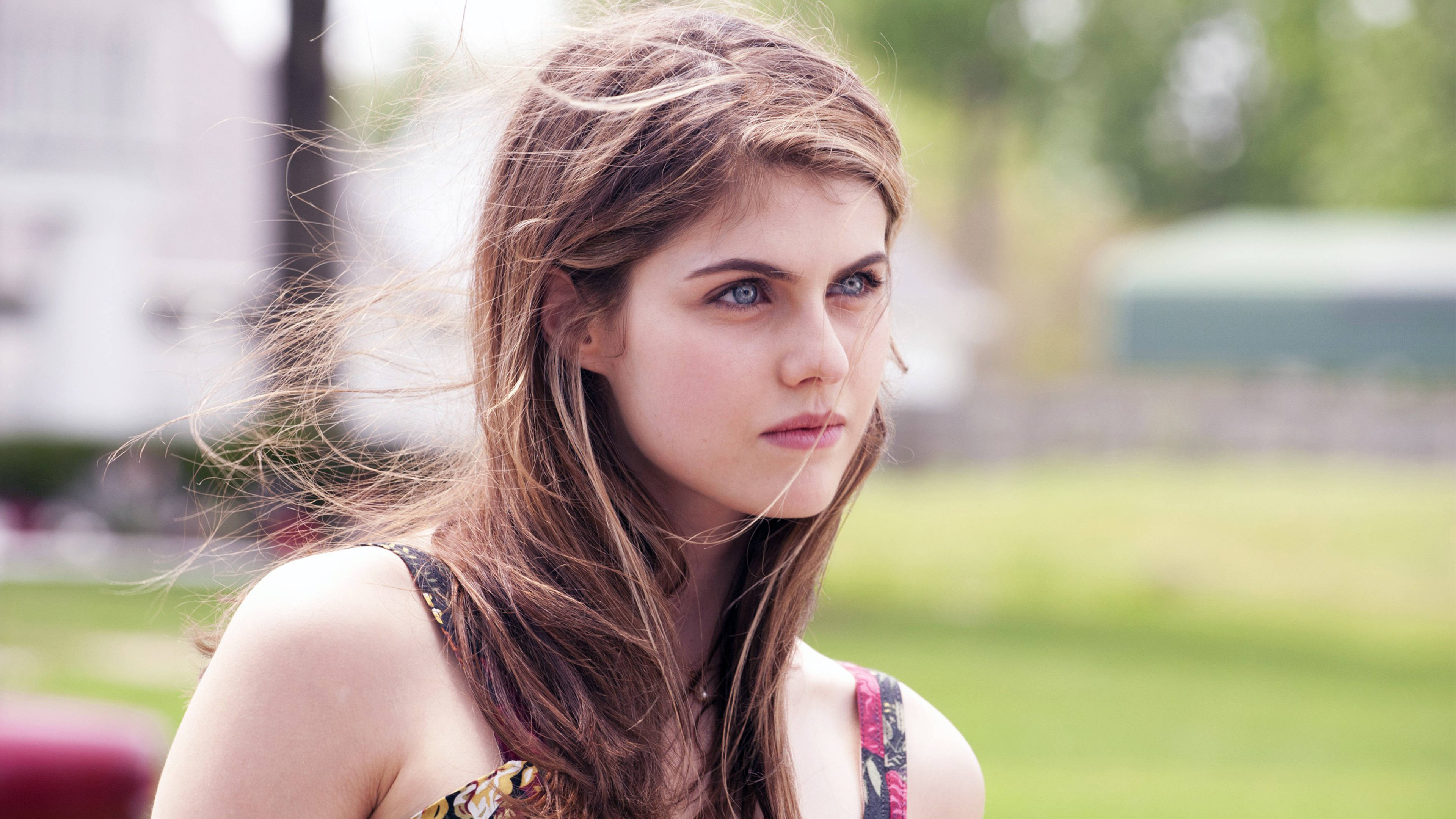 Alexandra Daddario 4K 桌布 壁紙 — 一位年輕女性，棕色頭髮隨風飄揚，在晴朗的日子裡若有所思地望向戶外。