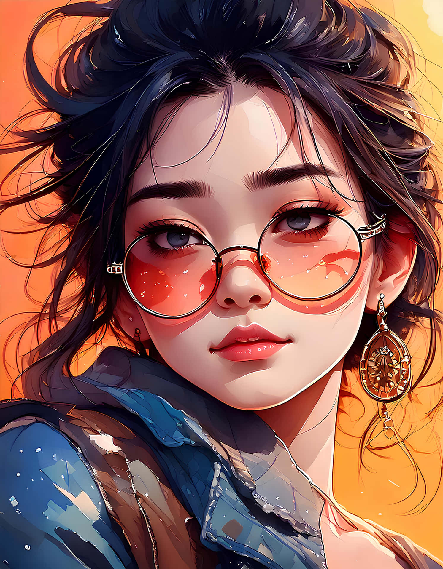 Cool woman 壁紙 — 一位年輕女性，深色亂髮，戴著圓形紅色眼鏡和藍色外套，背景為溫暖的橙色。