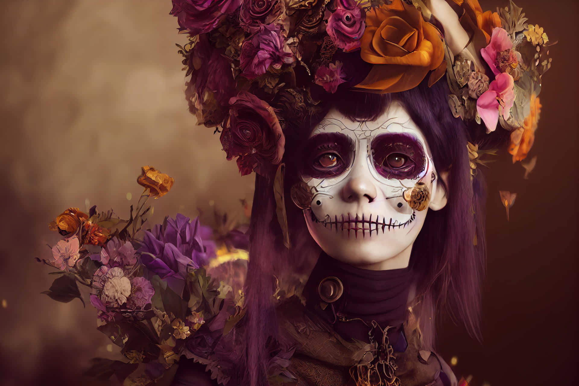 Mexico 桌布 壁紙 — 一位年輕女性，臉上畫著糖骷髏妝，頭戴鮮豔的花冠，在溫暖的棕色背景前溫柔地凝視。