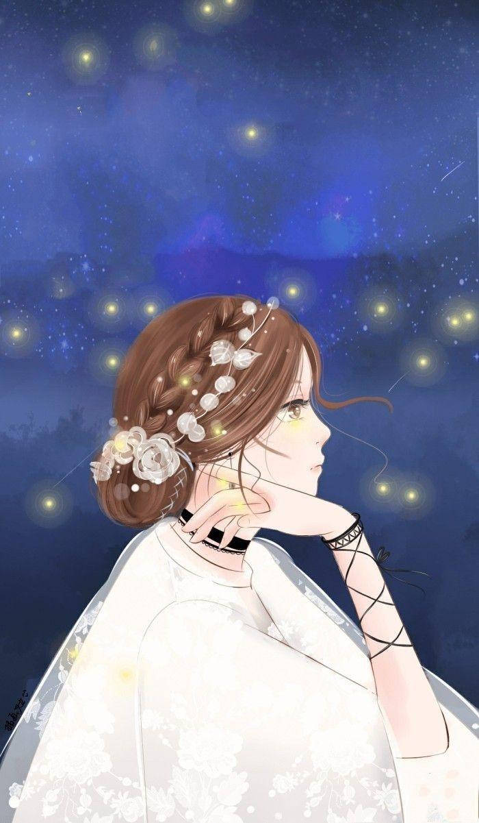 動漫女孩 桌布 壁紙 — 一位年輕女性，辮子上裝飾著花朵，仰望佈滿發光球體的星空。