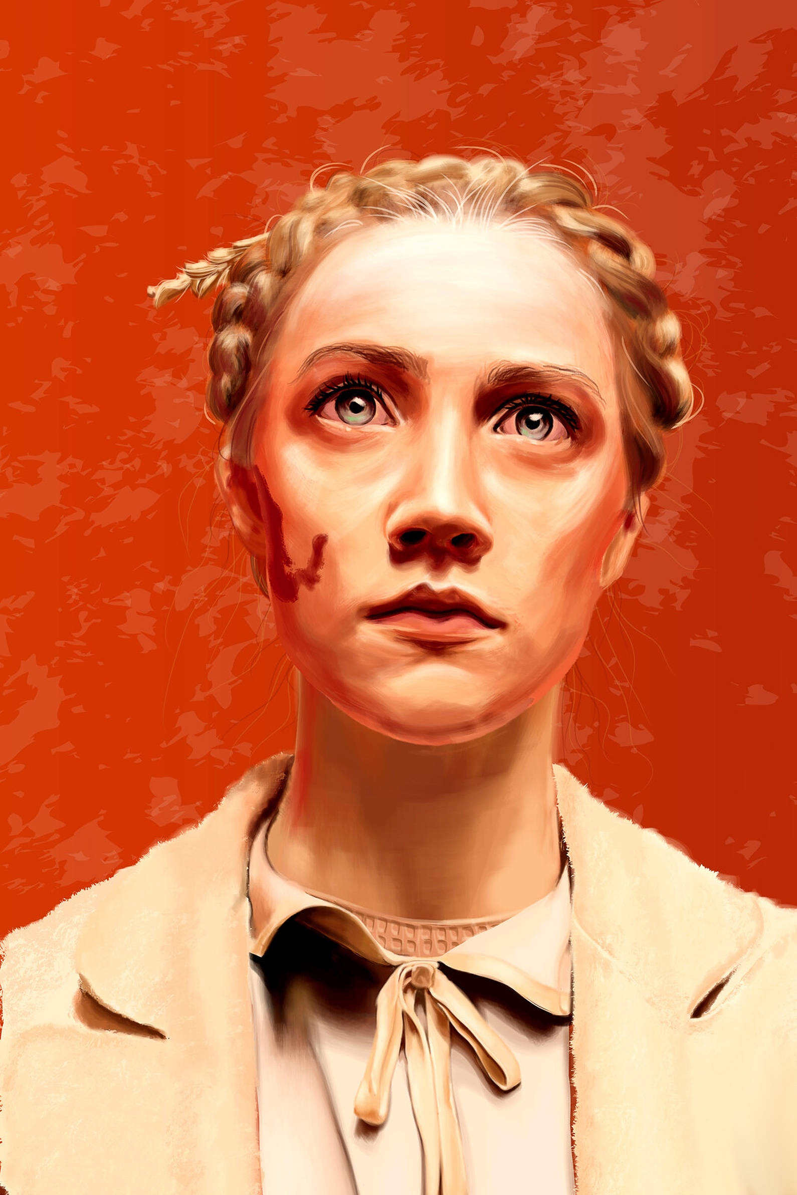 Saoirse Ronan 桌布 壁紙 — 一位年輕女性，辮子頭髮，臉頰上有血跡，在紋理橙色背景上向上凝視。