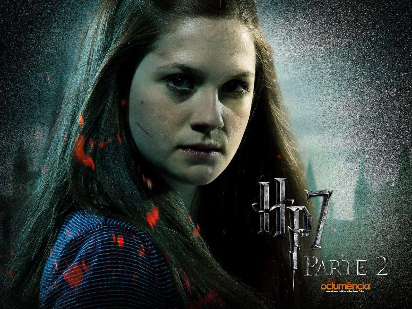 Ginny Weasley 桌布 壁紙 — 一位年輕女性，長長棕色頭髮，帶有紅色飛濺，在黑暗霧氣背景中，城堡剪影襯托下，眼神強烈凝視。