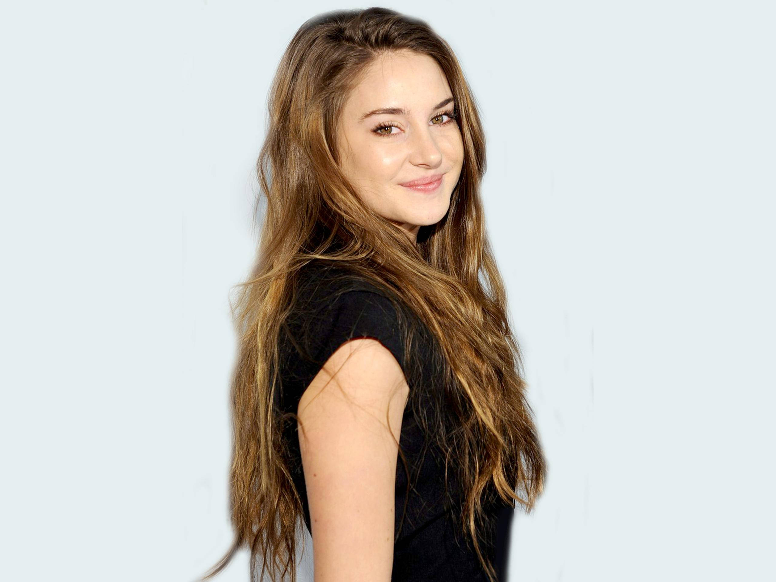 Shailene Woodley 桌布 壁紙 — 一位年輕女性，長長的波浪棕色頭髮，穿著黑色上衣，在純淺藍色背景前溫柔微笑。