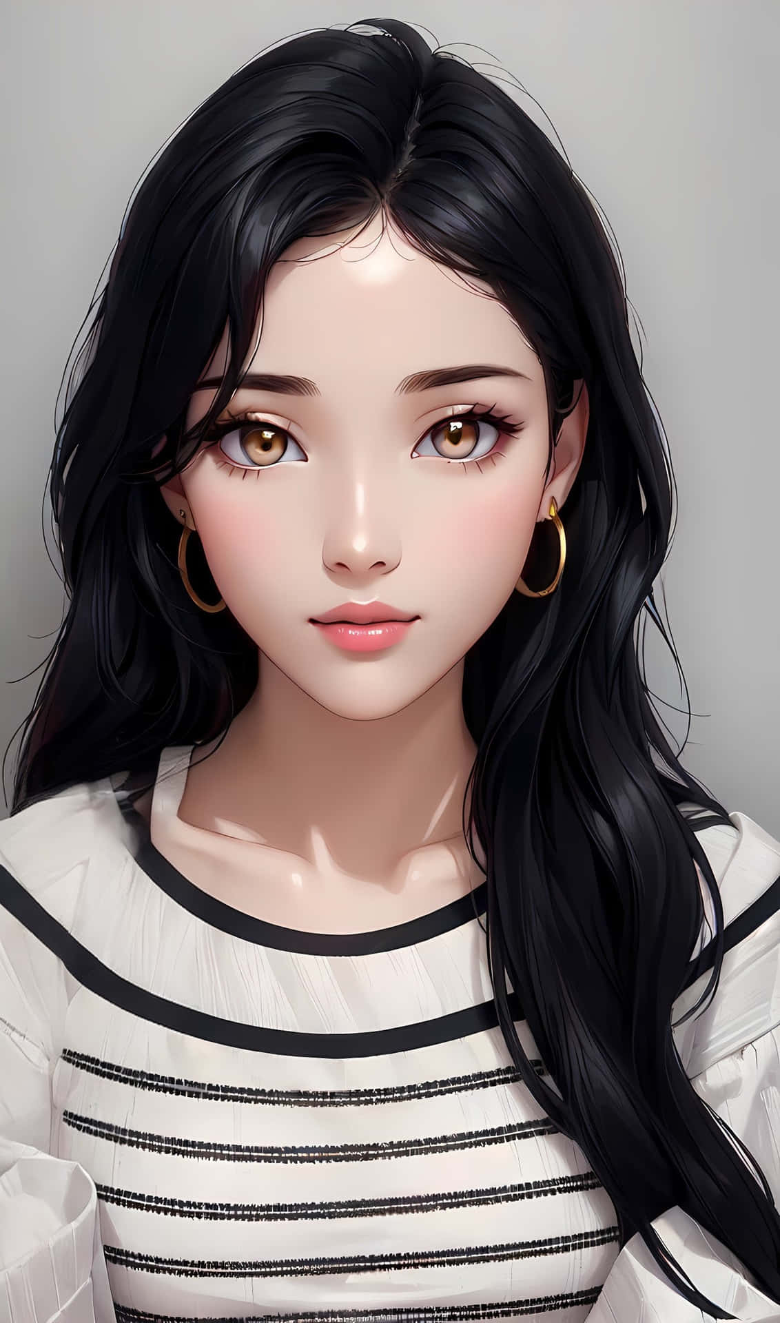 Beautiful girls HD wallpaper pictures 壁紙 — 一位年輕女性，長長的黑髮，戴著金色圓環耳環，身穿白色帶黑色橫條紋的上衣，背景是柔和的灰色。