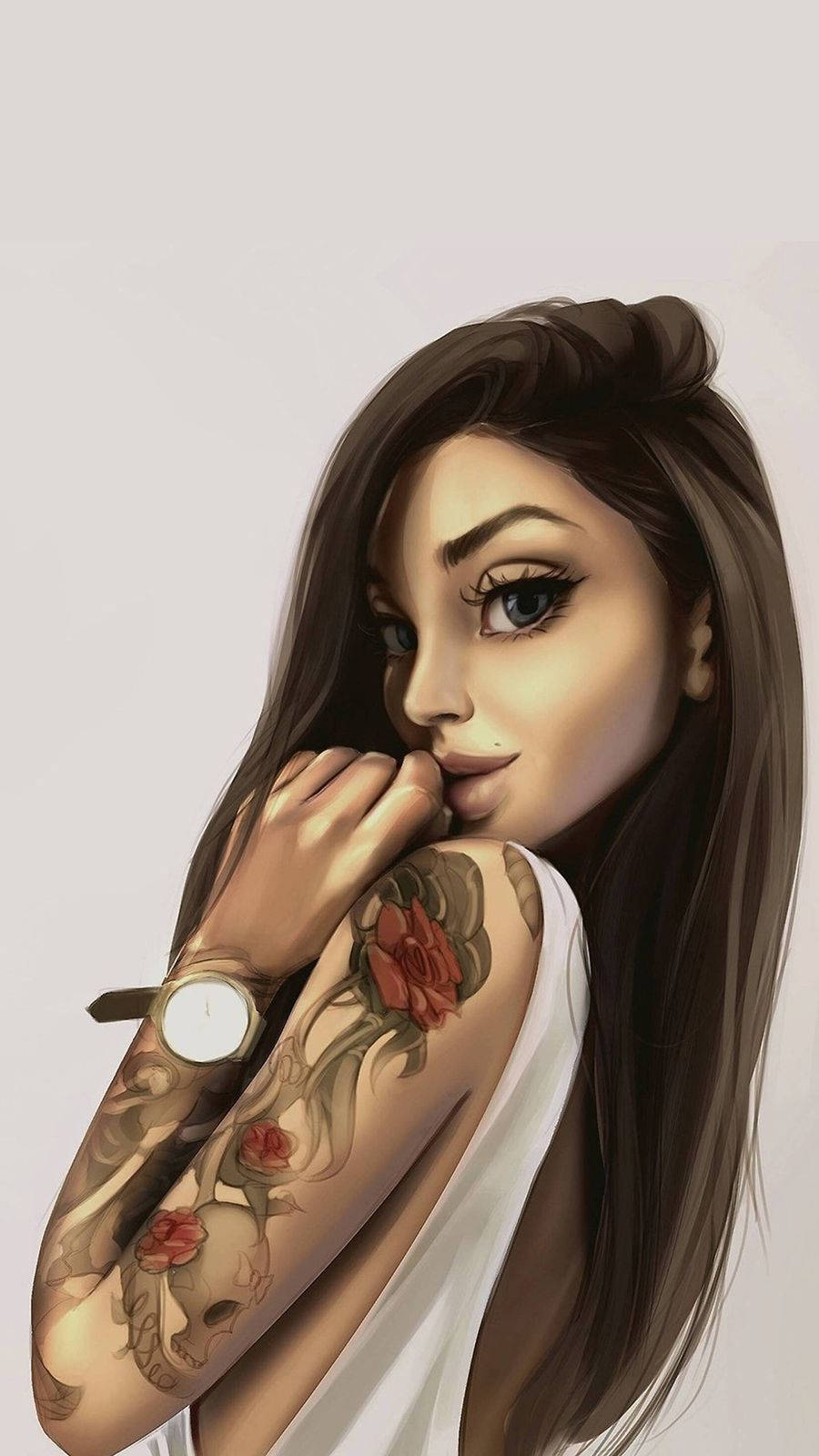 Cool Girl Cartoon 桌布 壁紙 — 一位年輕女性，長長的黑髮，手臂上有玫瑰骷髏刺青，穿著白色上衣，溫柔地凝視著。