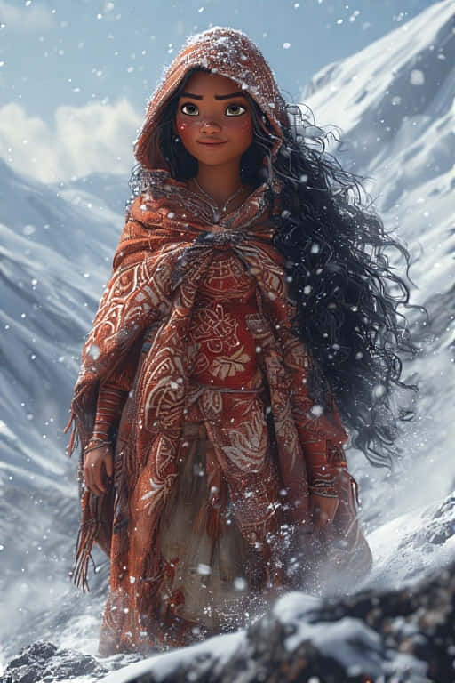 Realistic Warrior Moana in Battle Stance 壁紙 — 一位年輕女性，長長的黑髮，披著橙色圖案斗篷，站在雪景山脈中，雪花在她周圍飄落。